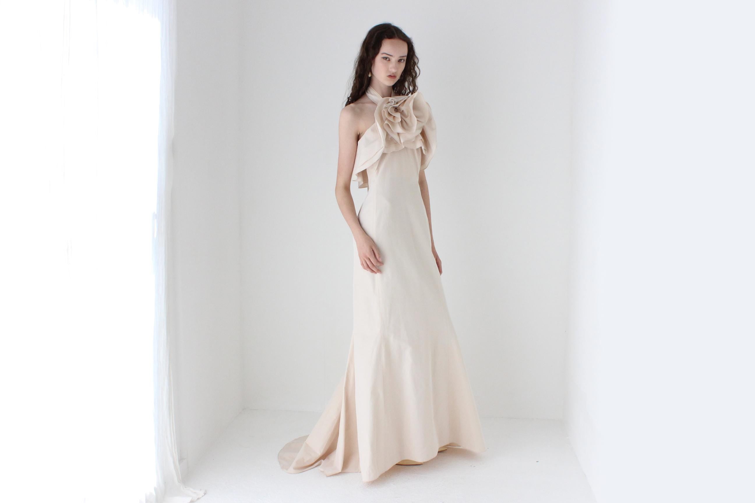 2000s Carla Zampatti Blush Pink Trumpet Hem Gown w/ Big Flower