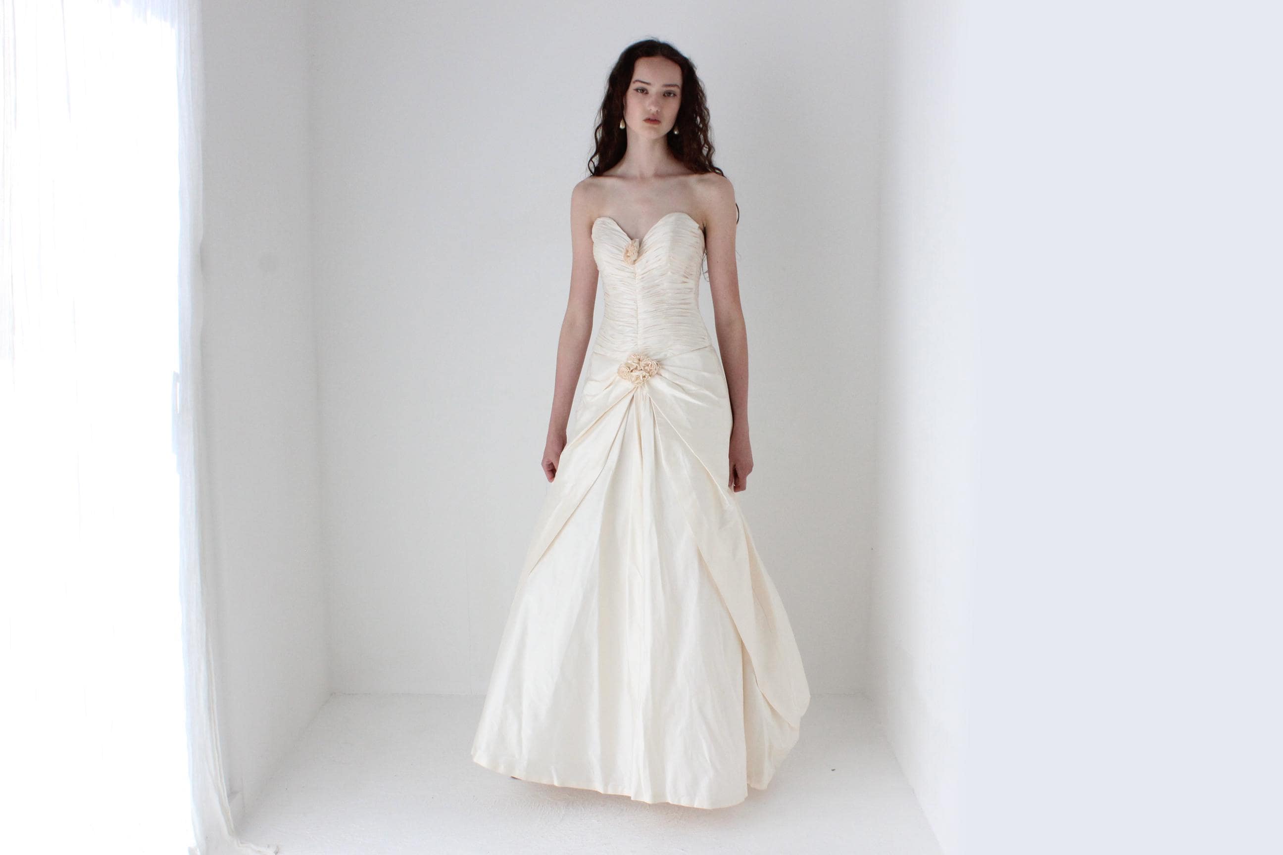 Divine 1990s Raw Silk Strapless Gown w/ Ruching & Rosettes