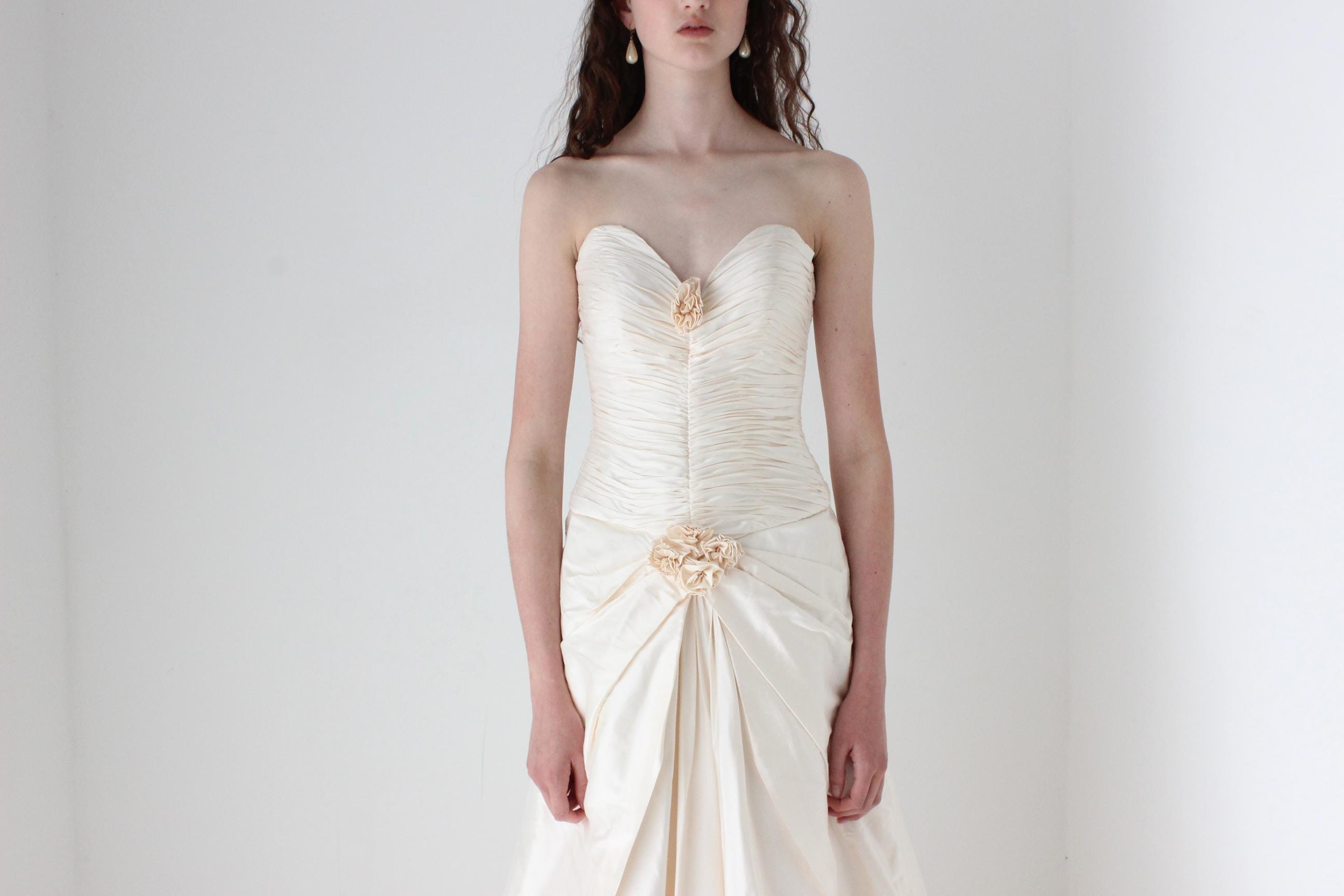 Divine 1990s Raw Silk Strapless Gown w/ Ruching & Rosettes