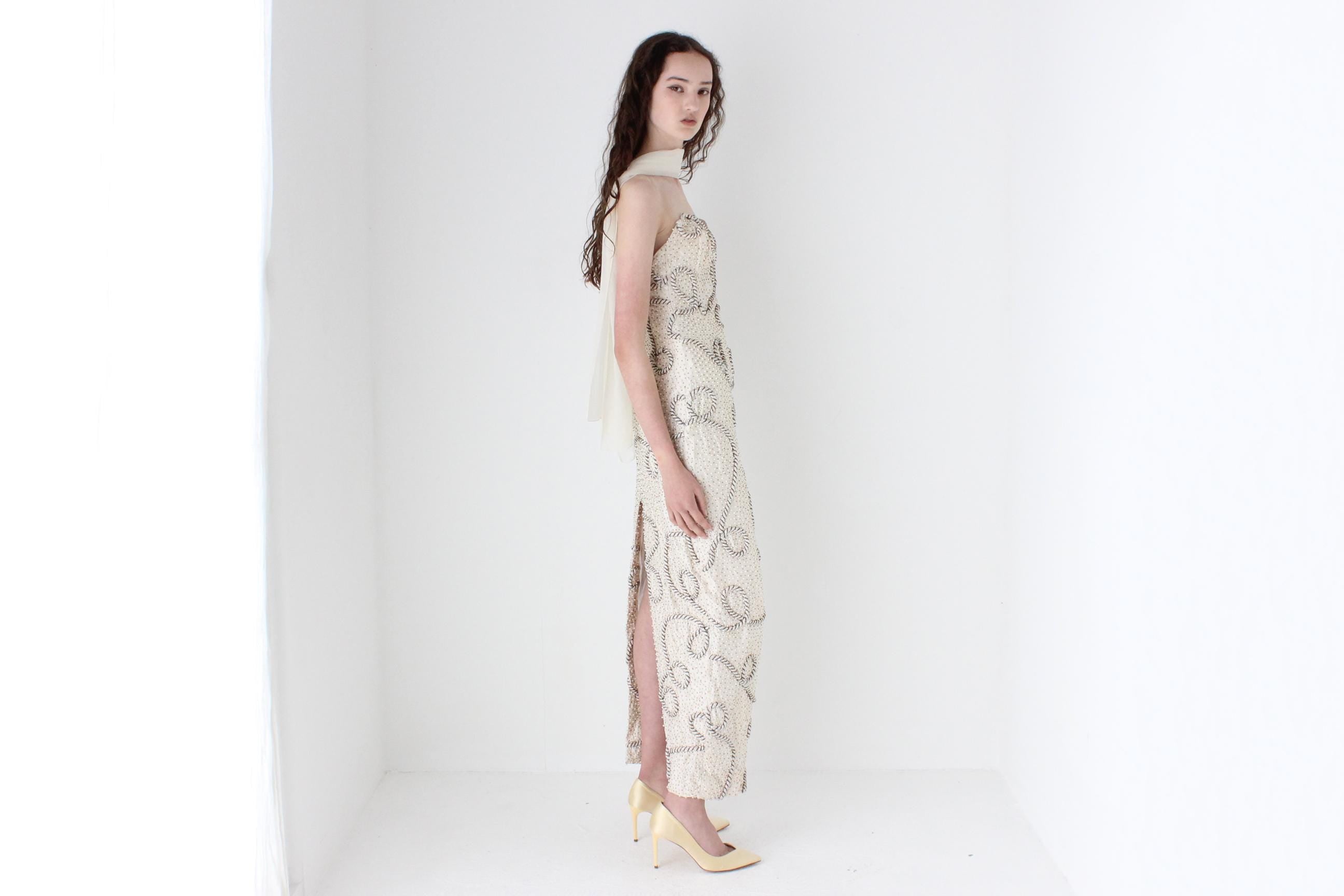 1980s Raw Silk Strapless Hourglass Gown w/ Ropes & Beading