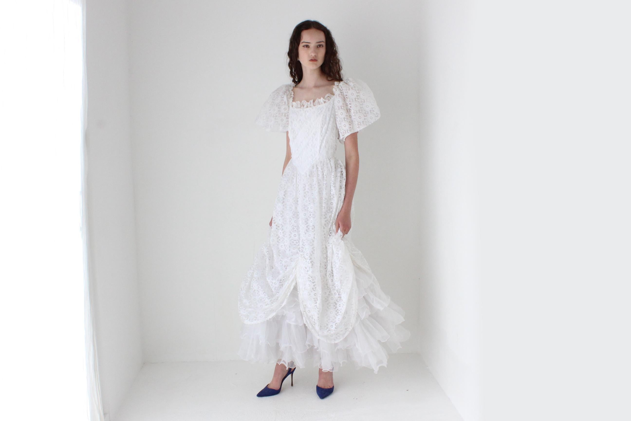 1980s Lace & Puff Sleeve Gathered Wedding Gown