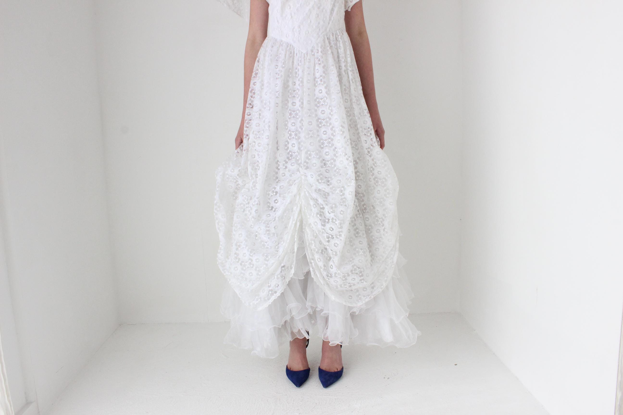 1980s Lace & Puff Sleeve Gathered Wedding Gown