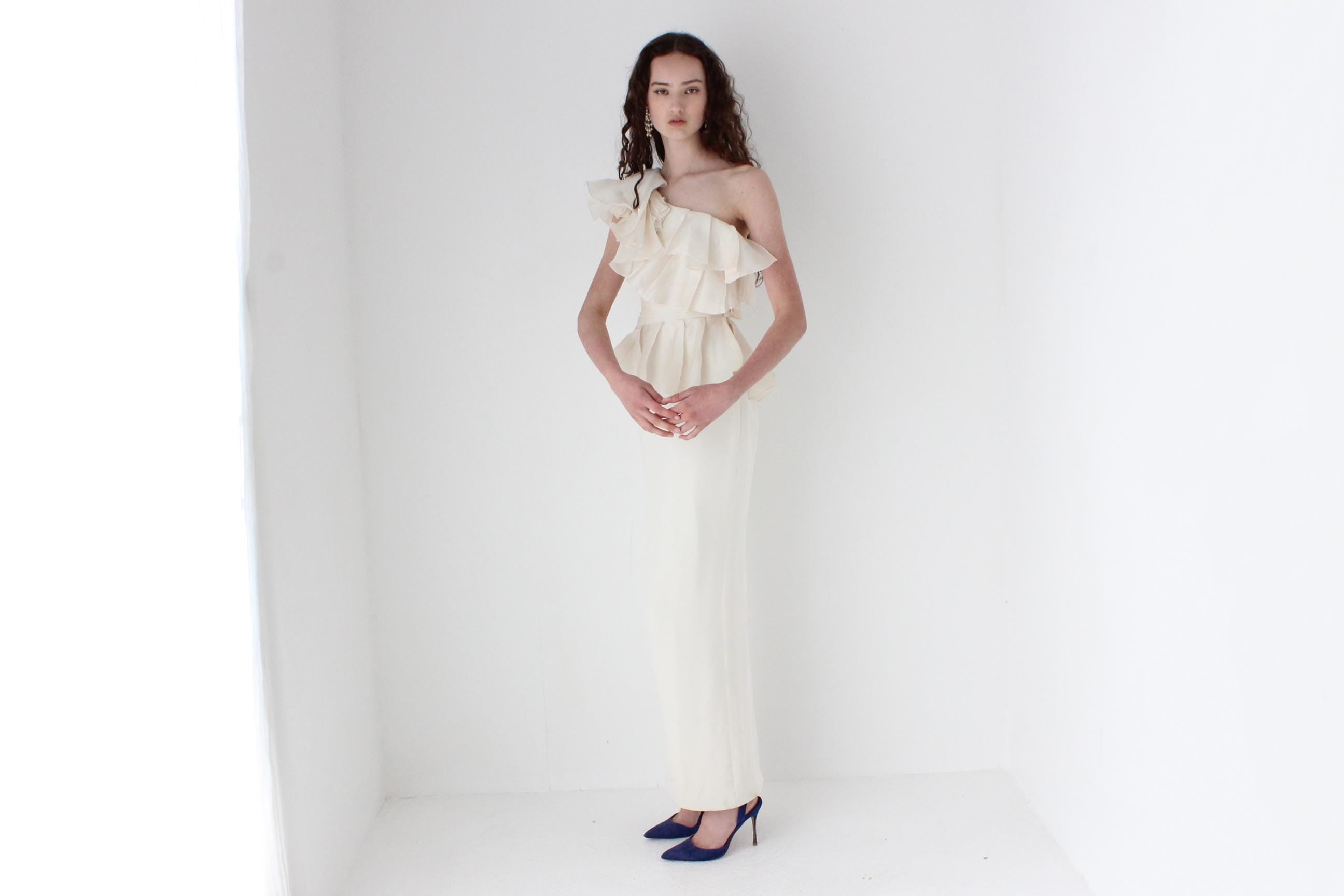 2000s Marchesa Notte Ruffled Silk Organza Column Gown