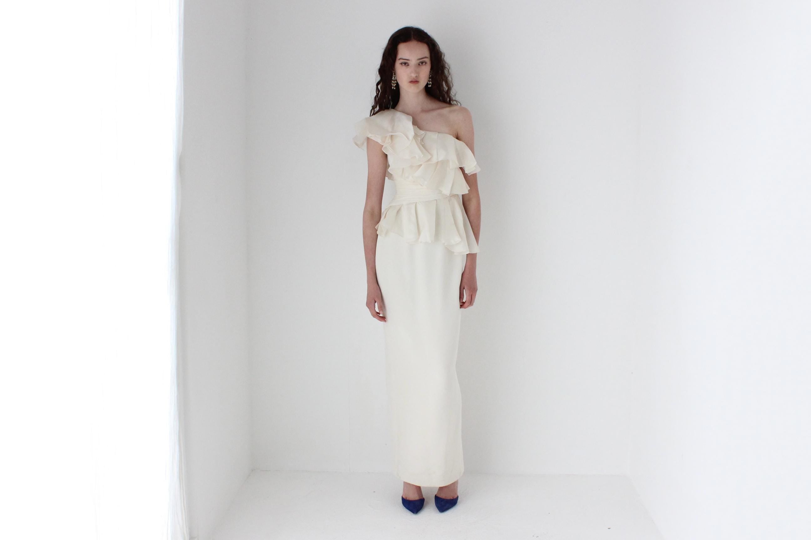 2000s Marchesa Notte Ruffled Silk Organza Column Gown
