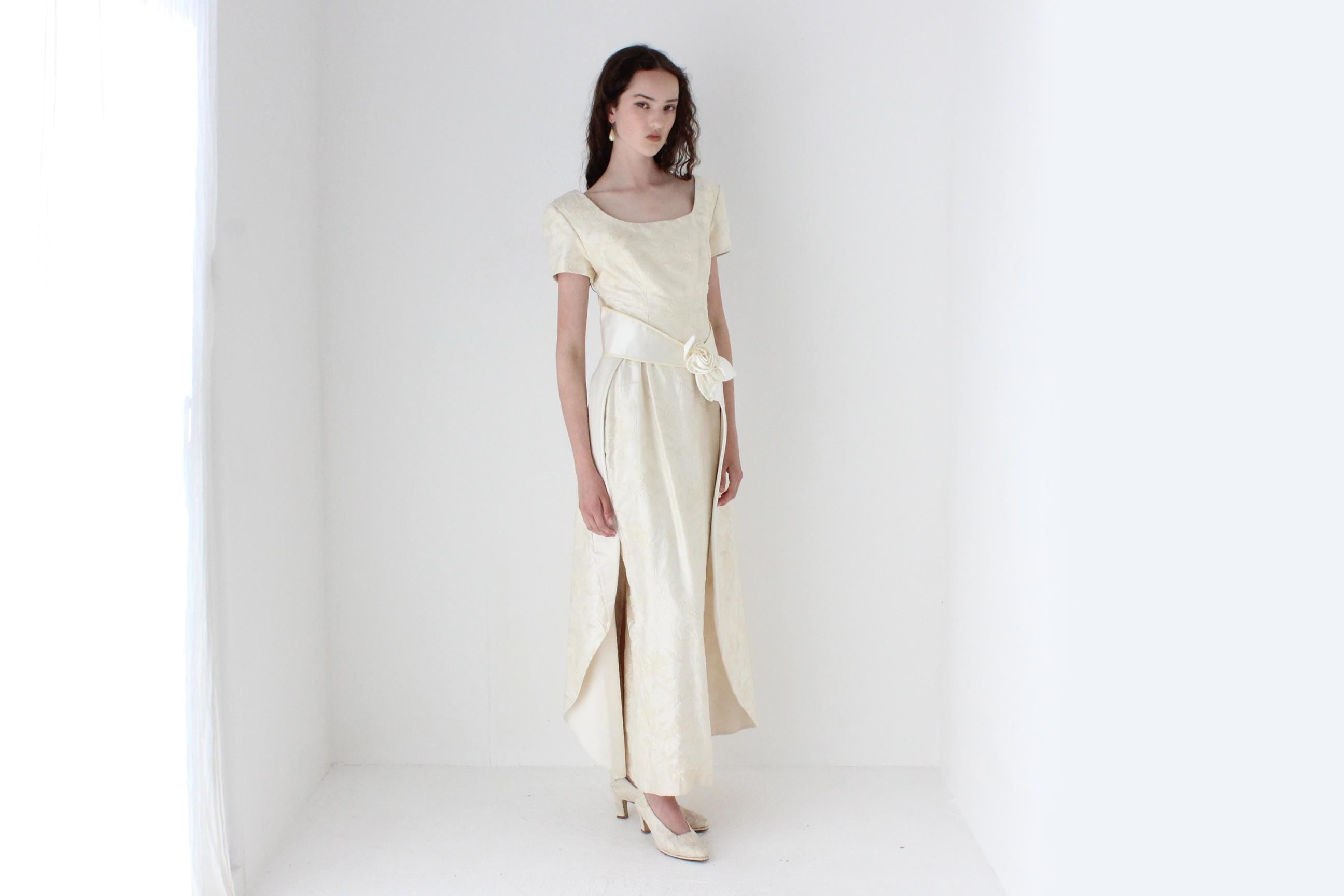 Custom 1990s Thai Silk Scoop Neck Column Gown w/ Detachable Train