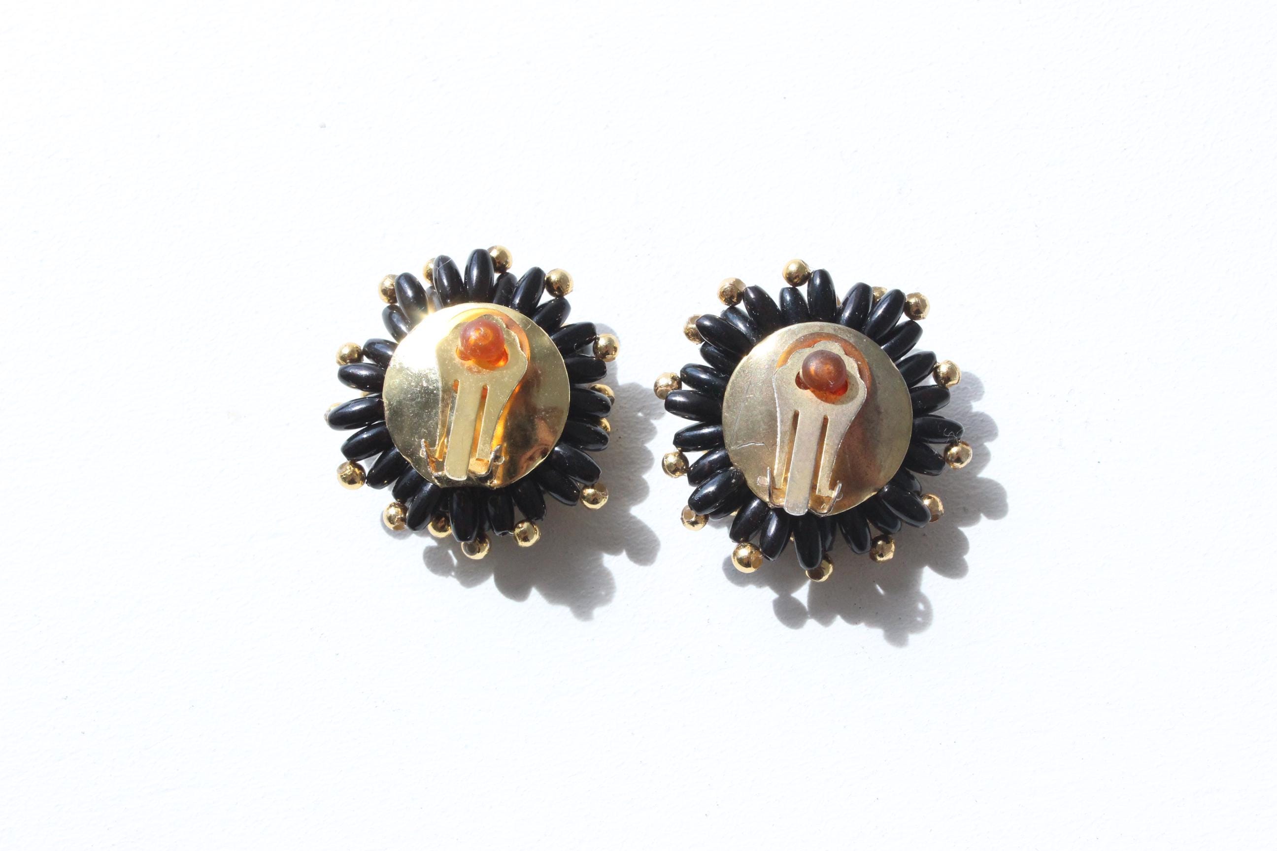 80s Art Deco Beaded Flower Clip Ons