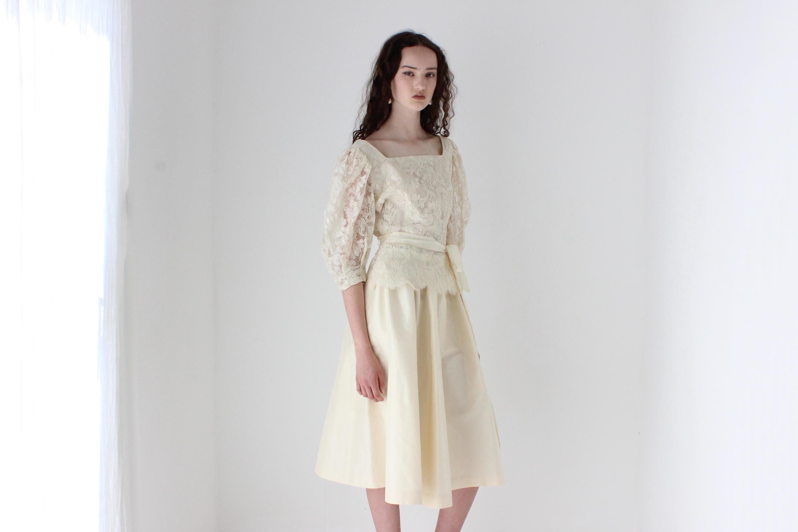 80s Lace & Silk Taffeta Two Piece Set by Lillie Rubin