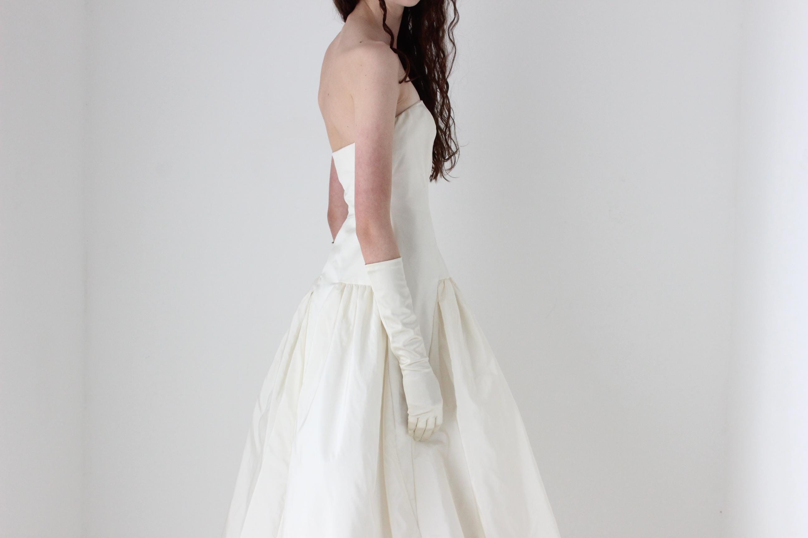 1980s Arnold Scaasi Silk Taffeta Drop Waist Tea Length Puff Gown