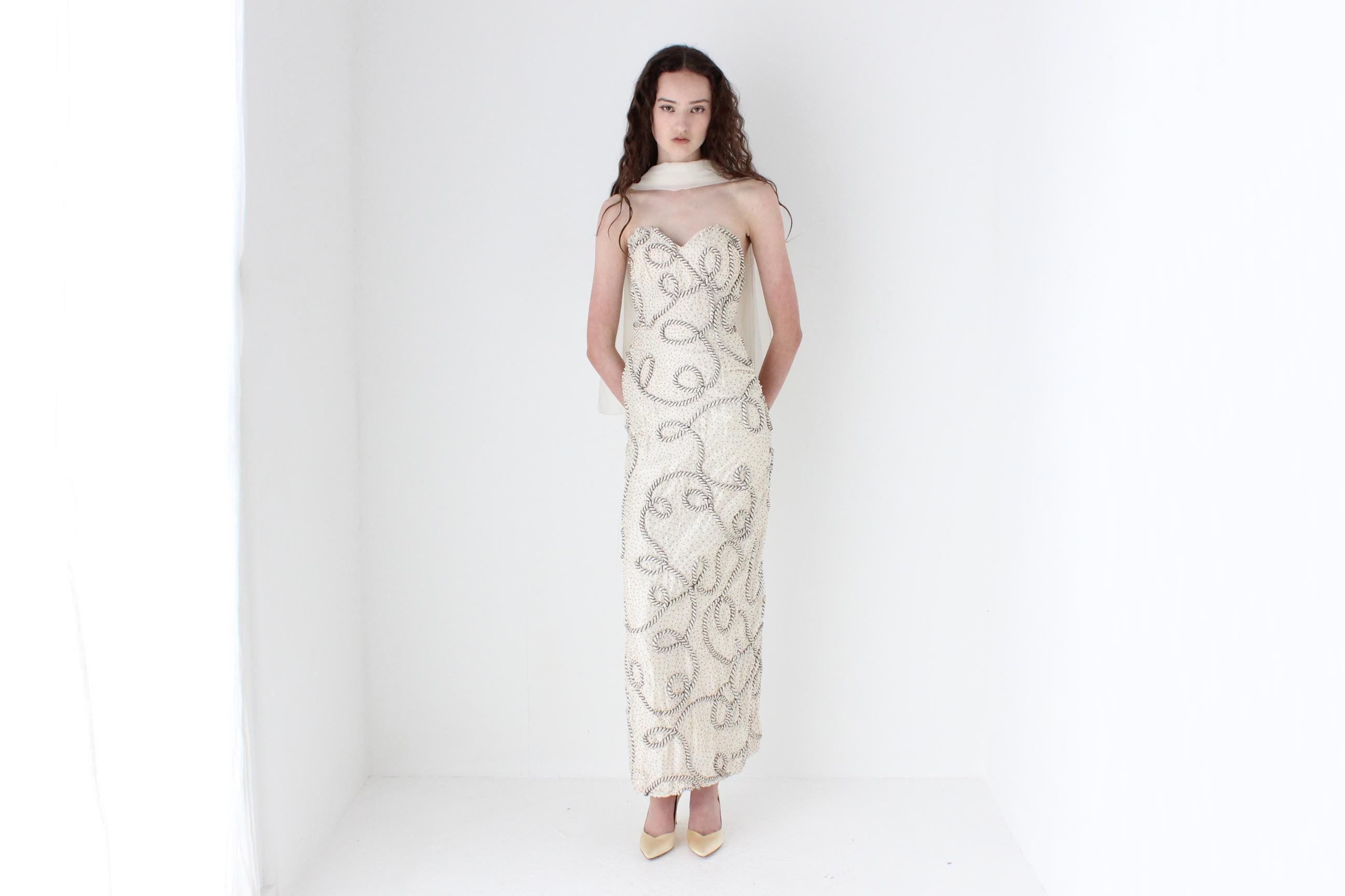 1980s Raw Silk Strapless Hourglass Gown w/ Ropes & Beading