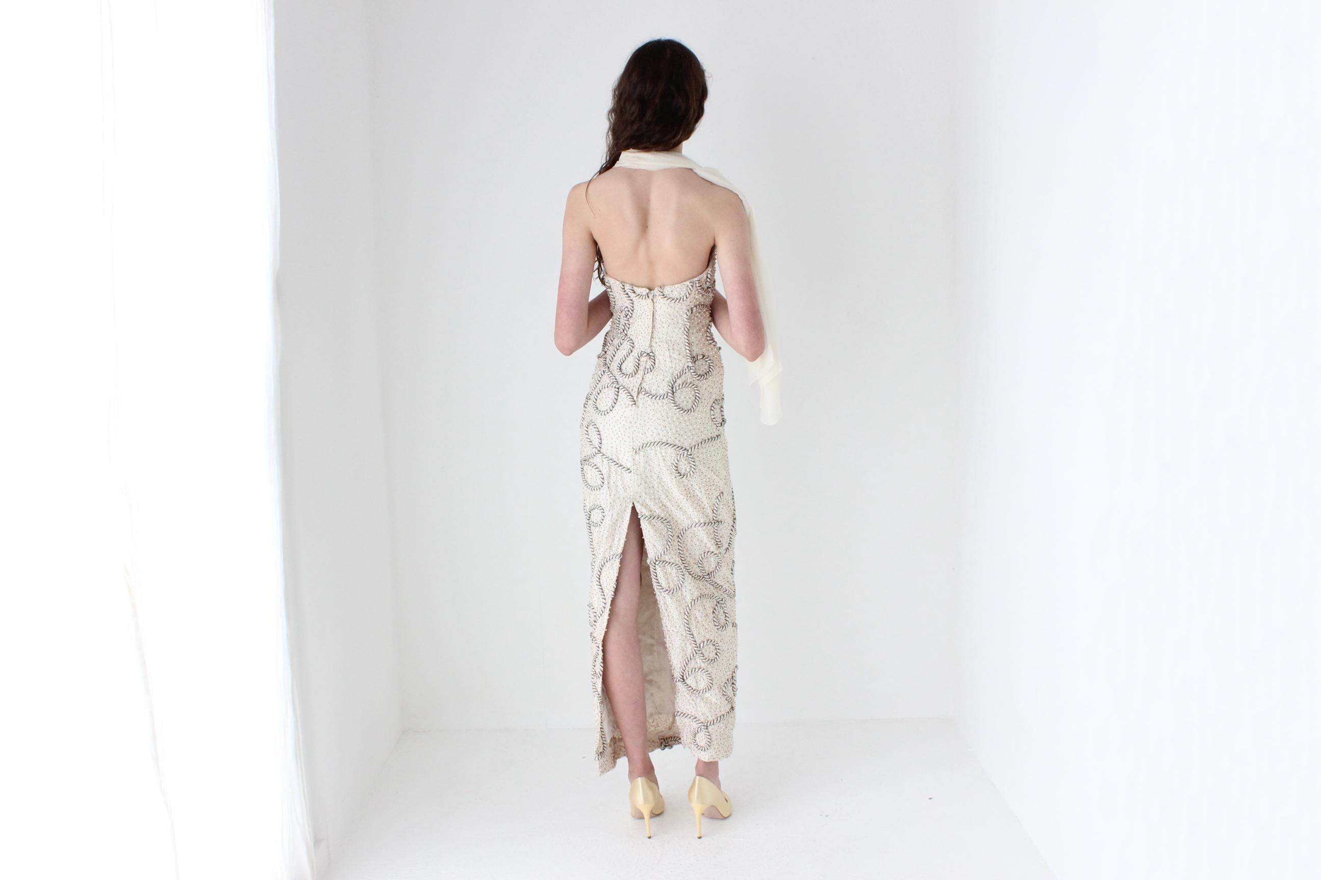 1980s Raw Silk Strapless Hourglass Gown w/ Ropes & Beading