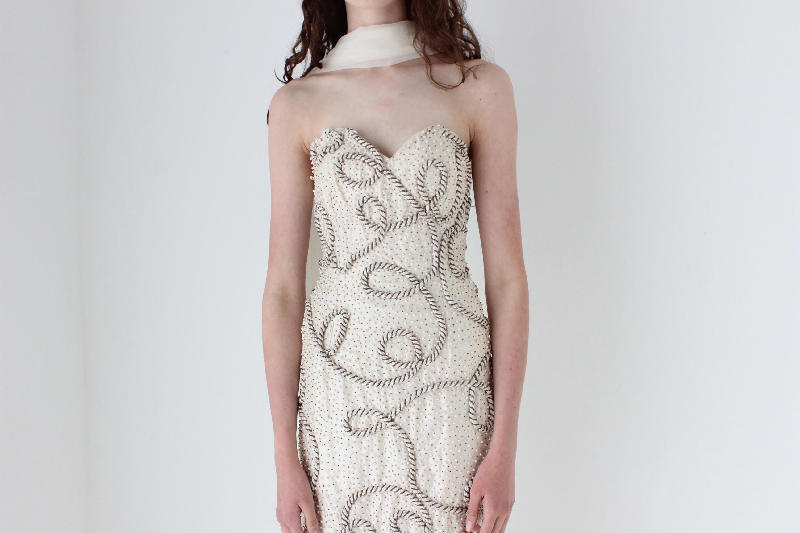 1980s Raw Silk Strapless Hourglass Gown w/ Ropes & Beading
