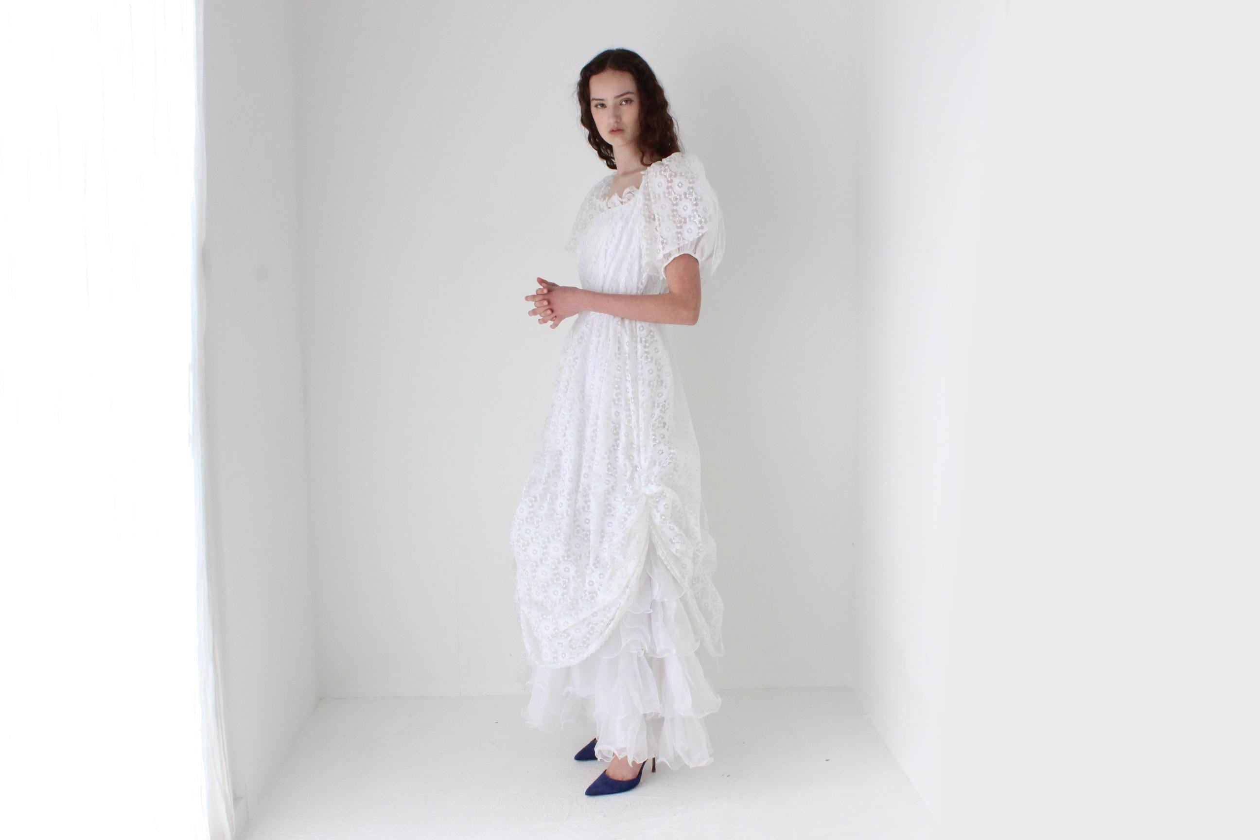 1980s Lace & Puff Sleeve Gathered Wedding Gown
