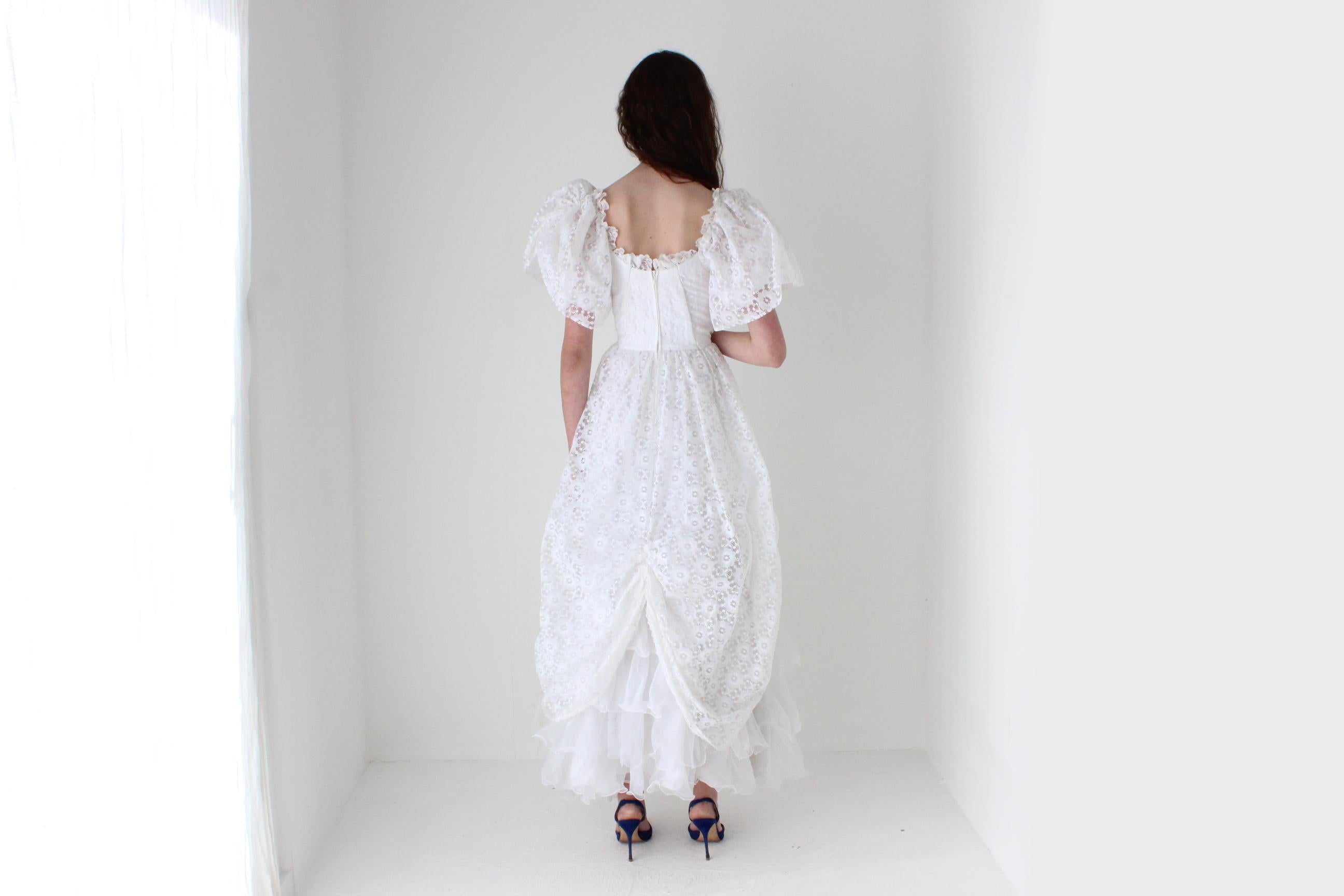 1980s Lace & Puff Sleeve Gathered Wedding Gown