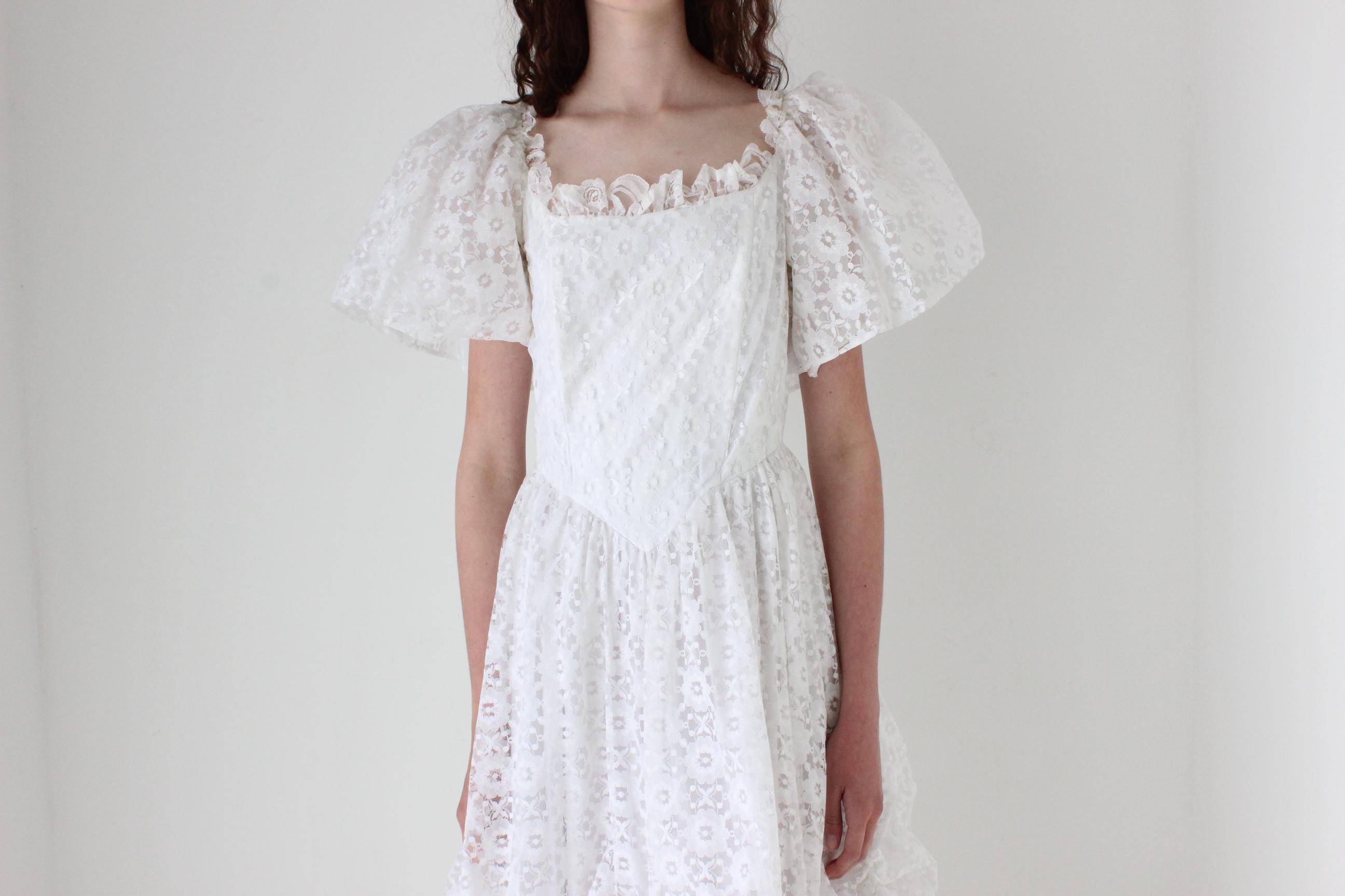 1980s Lace & Puff Sleeve Gathered Wedding Gown