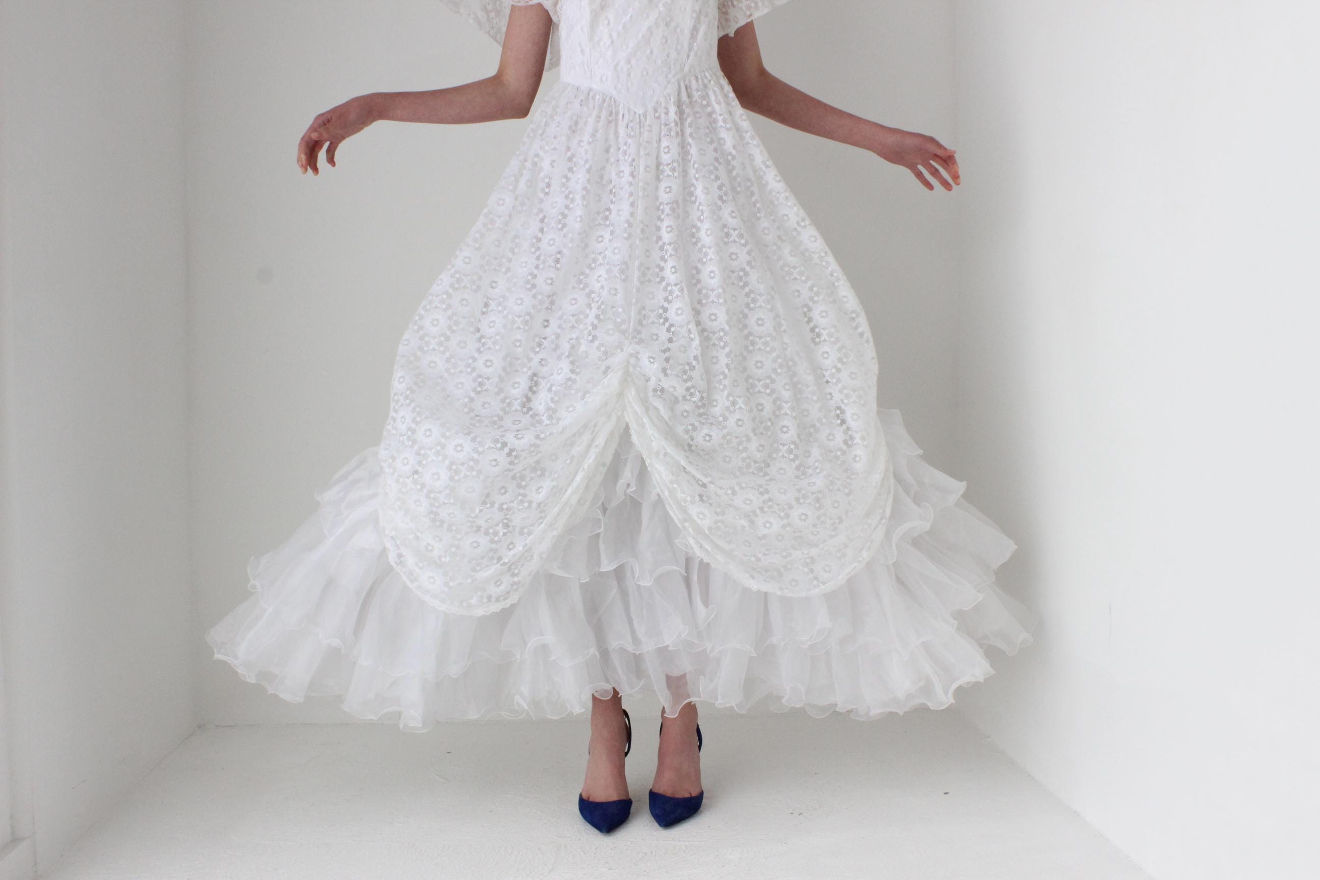 1980s Lace & Puff Sleeve Gathered Wedding Gown
