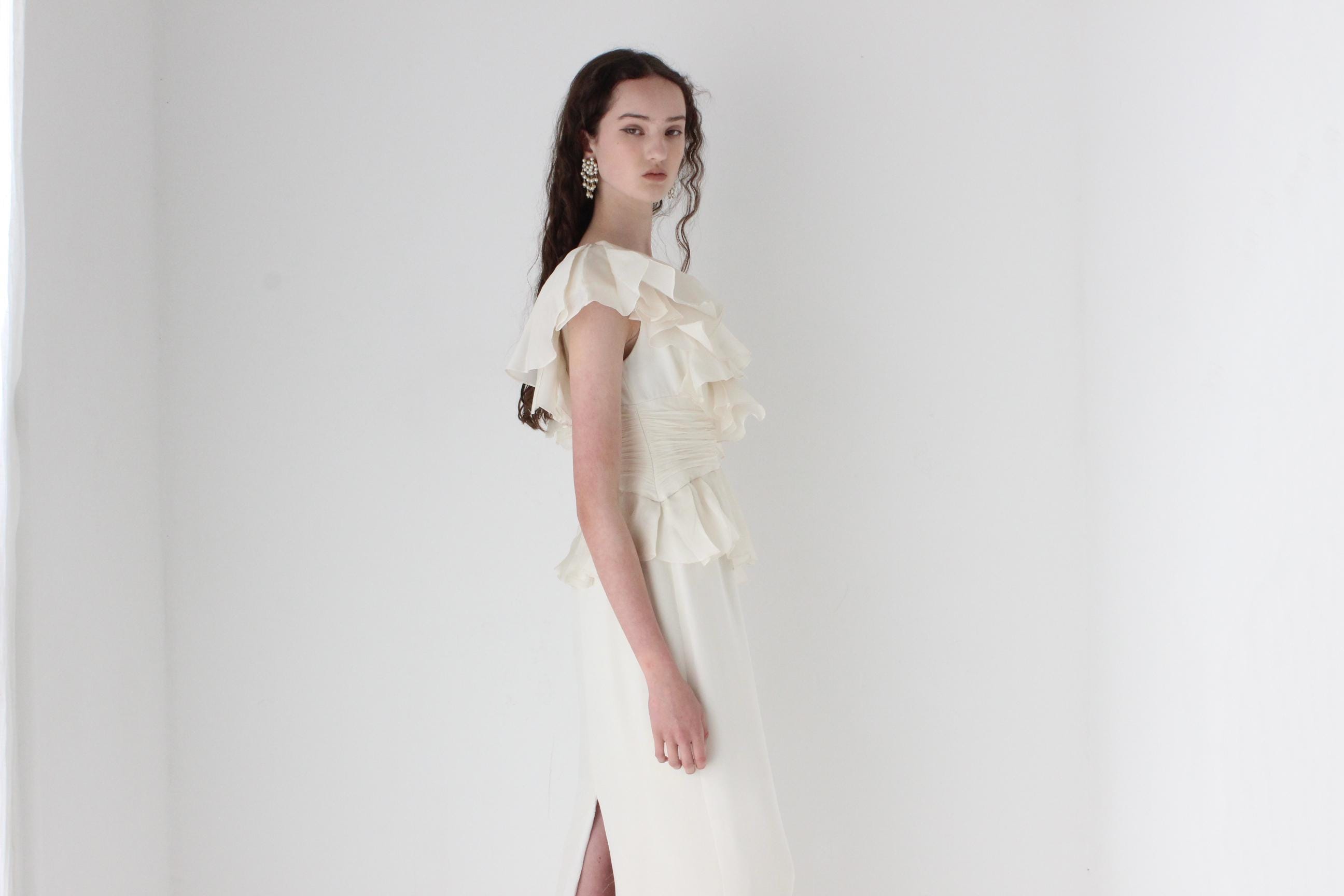 2000s Marchesa Notte Ruffled Silk Organza Column Gown