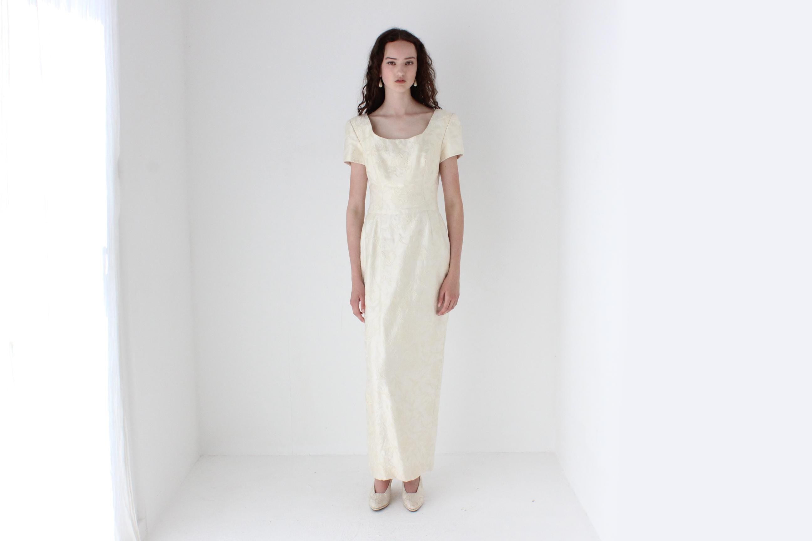 Custom 1990s Thai Silk Scoop Neck Column Gown w/ Detachable Train