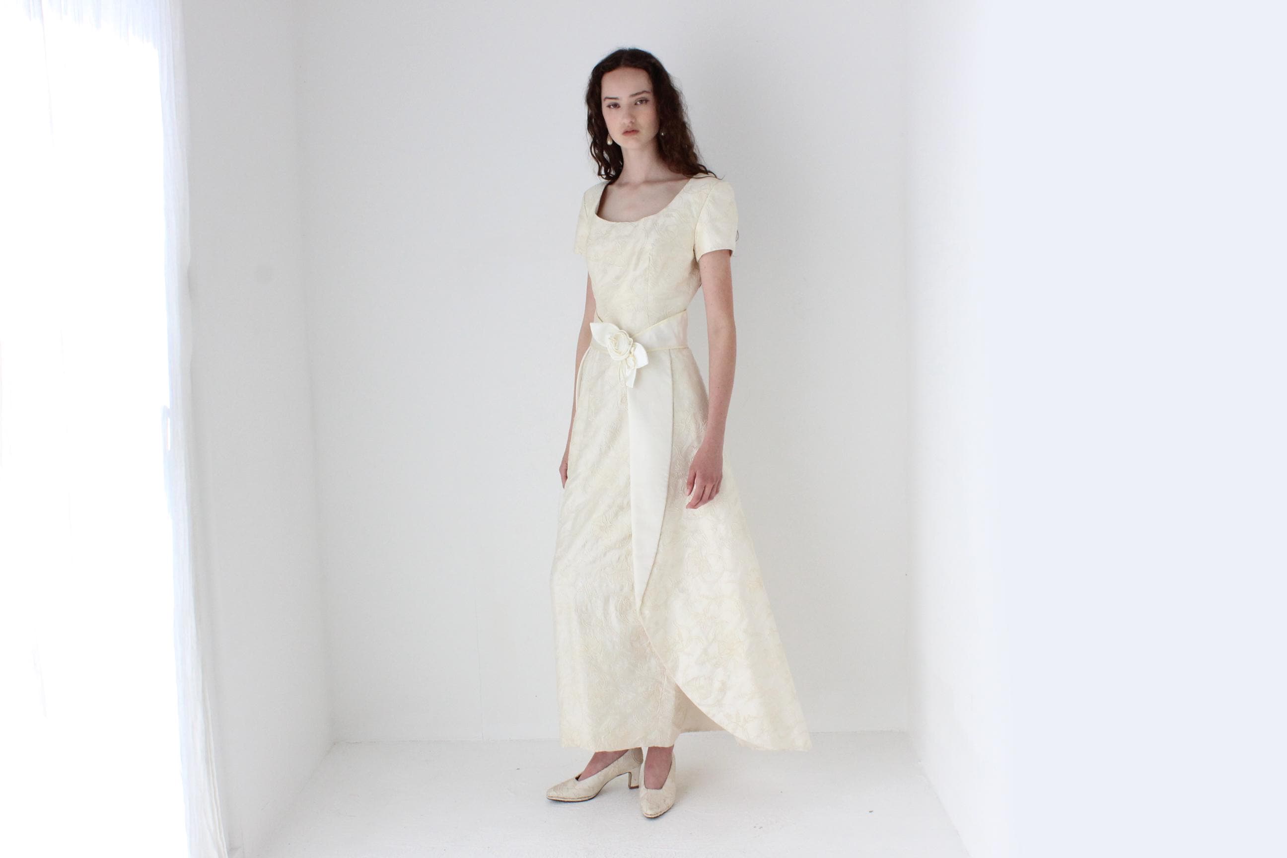 Custom 1990s Thai Silk Scoop Neck Column Gown w/ Detachable Train
