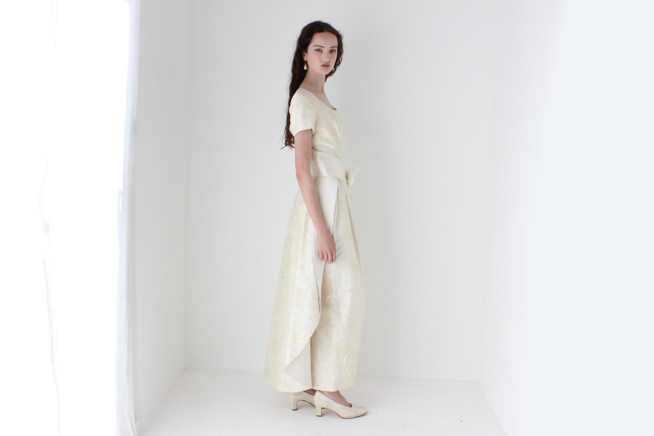 Custom 1990s Thai Silk Scoop Neck Column Gown w/ Detachable Train