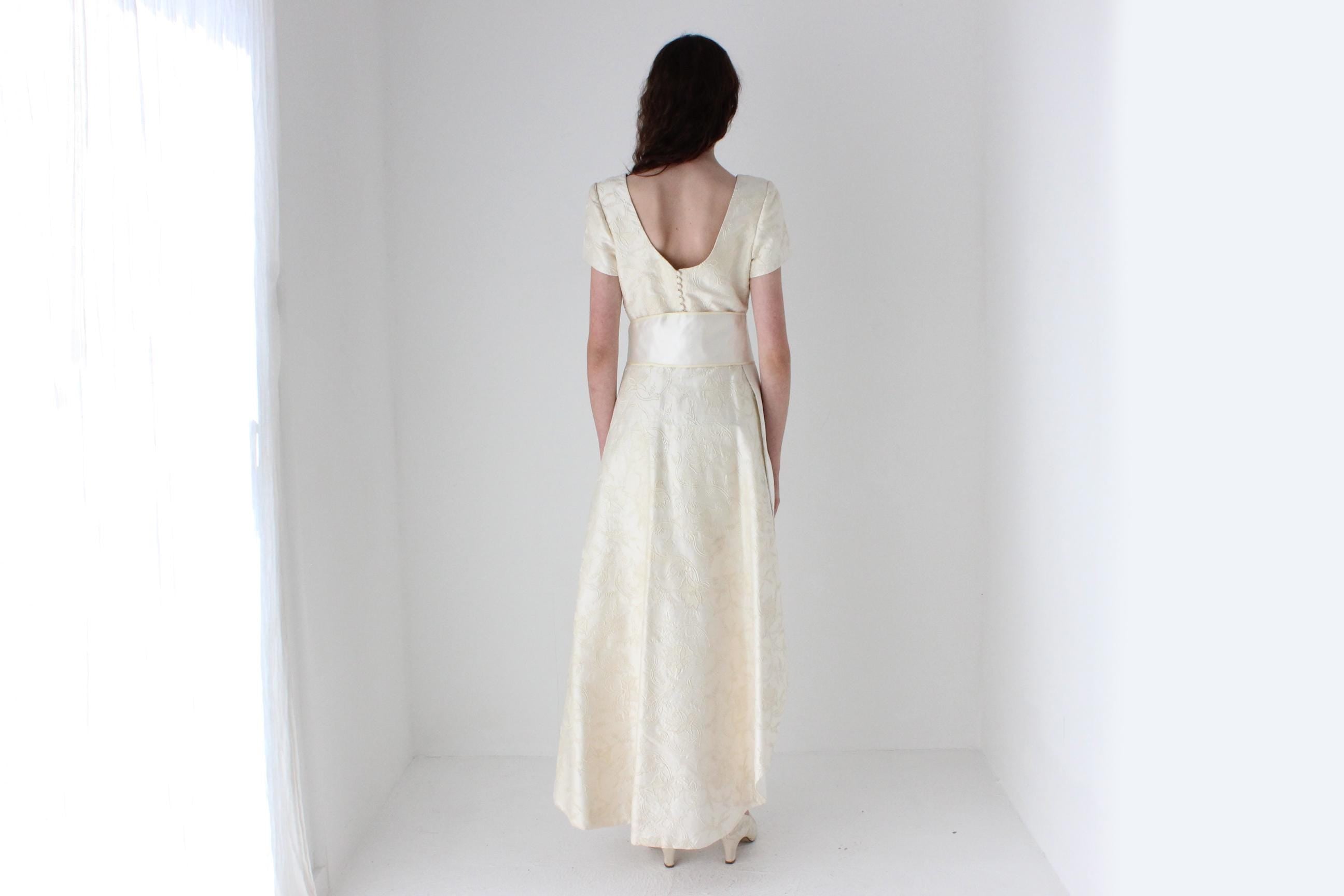 Custom 1990s Thai Silk Scoop Neck Column Gown w/ Detachable Train