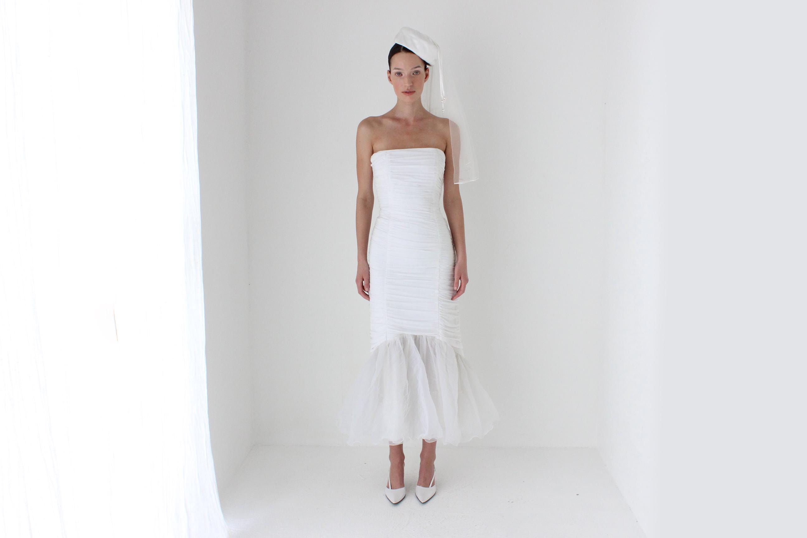 80s Ruched Mermaid Dress w/ Organza Puff Skirt