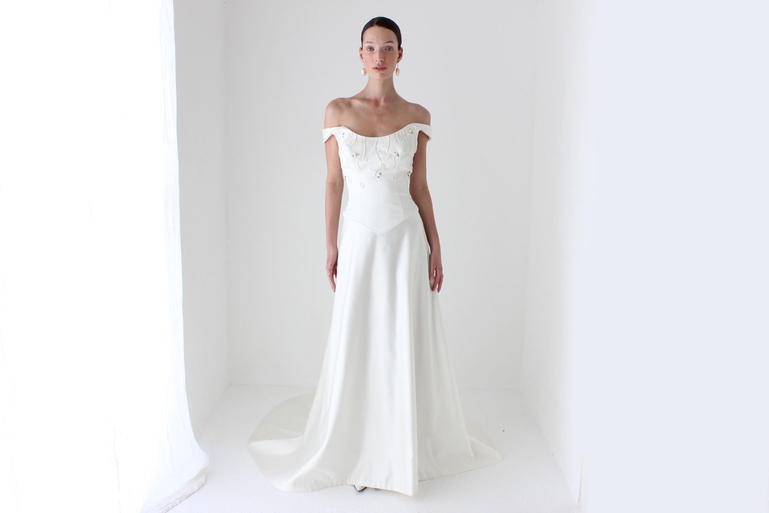 Romantic 1990s Duchess Satin Pearl Bodice Wedding Gown