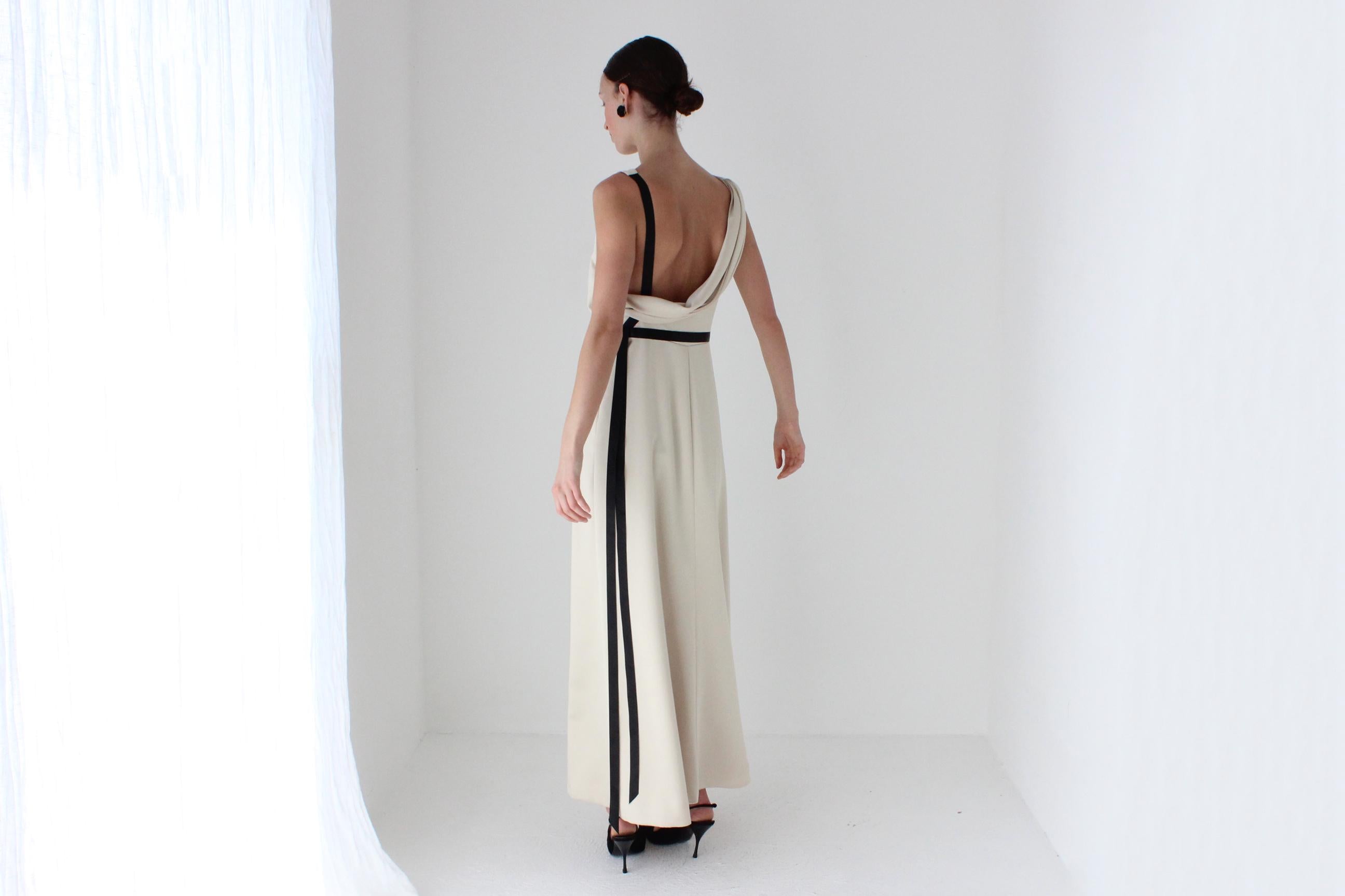 2000s LAZARO Chic Neutral Bateau Neck Column Gown w/ Asymmetric Draped Back
