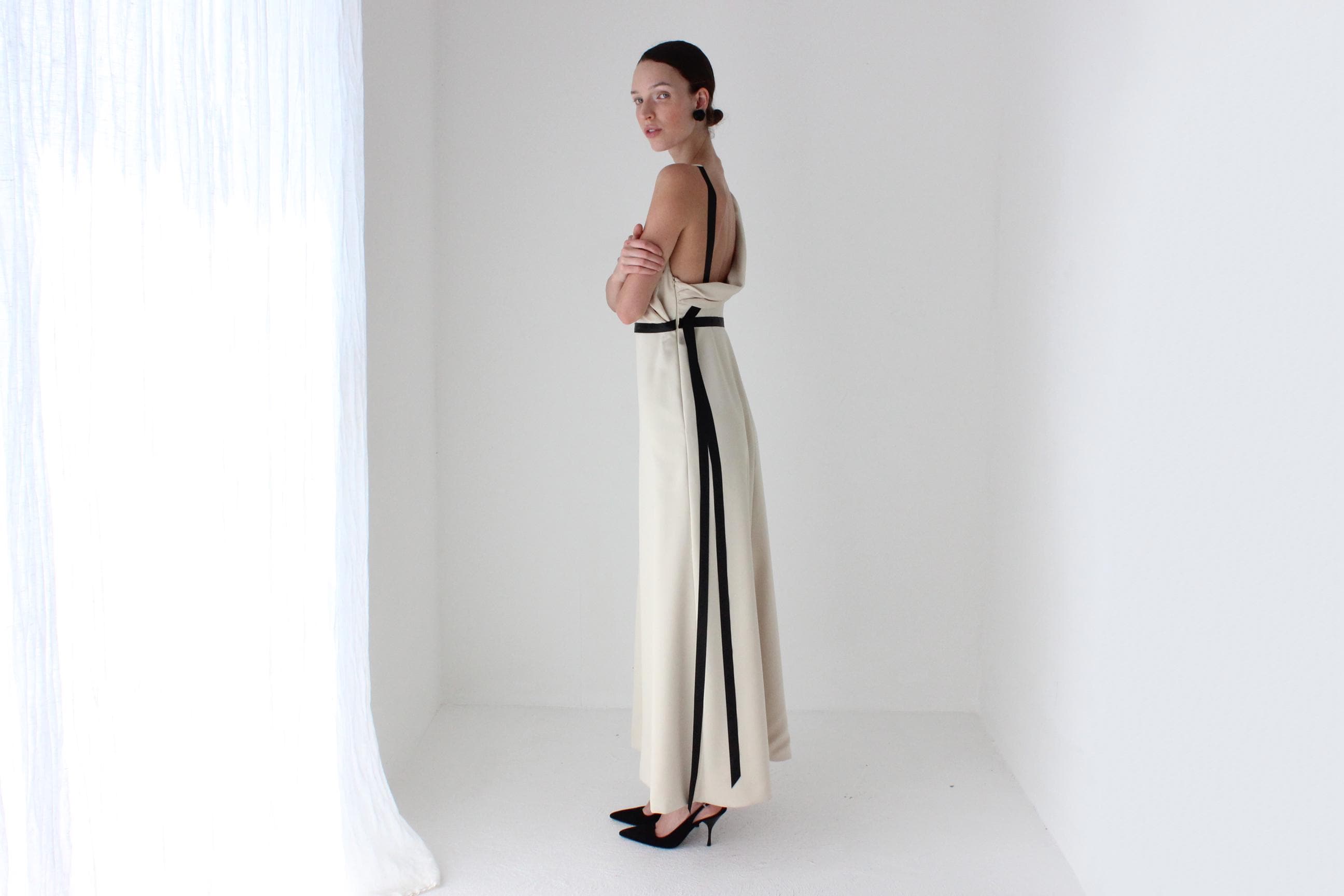 2000s LAZARO Chic Neutral Bateau Neck Column Gown w/ Asymmetric Draped Back