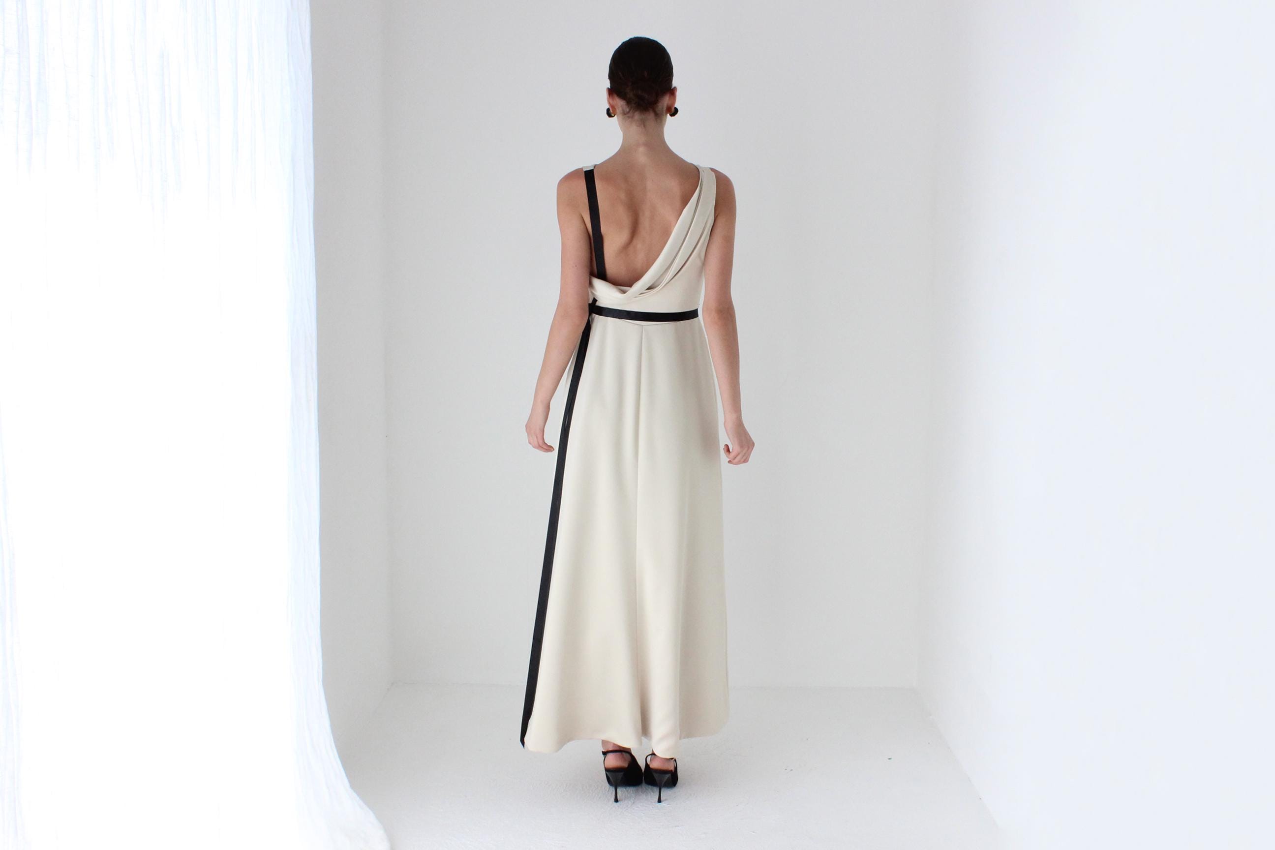 2000s LAZARO Chic Neutral Bateau Neck Column Gown w/ Asymmetric Draped Back