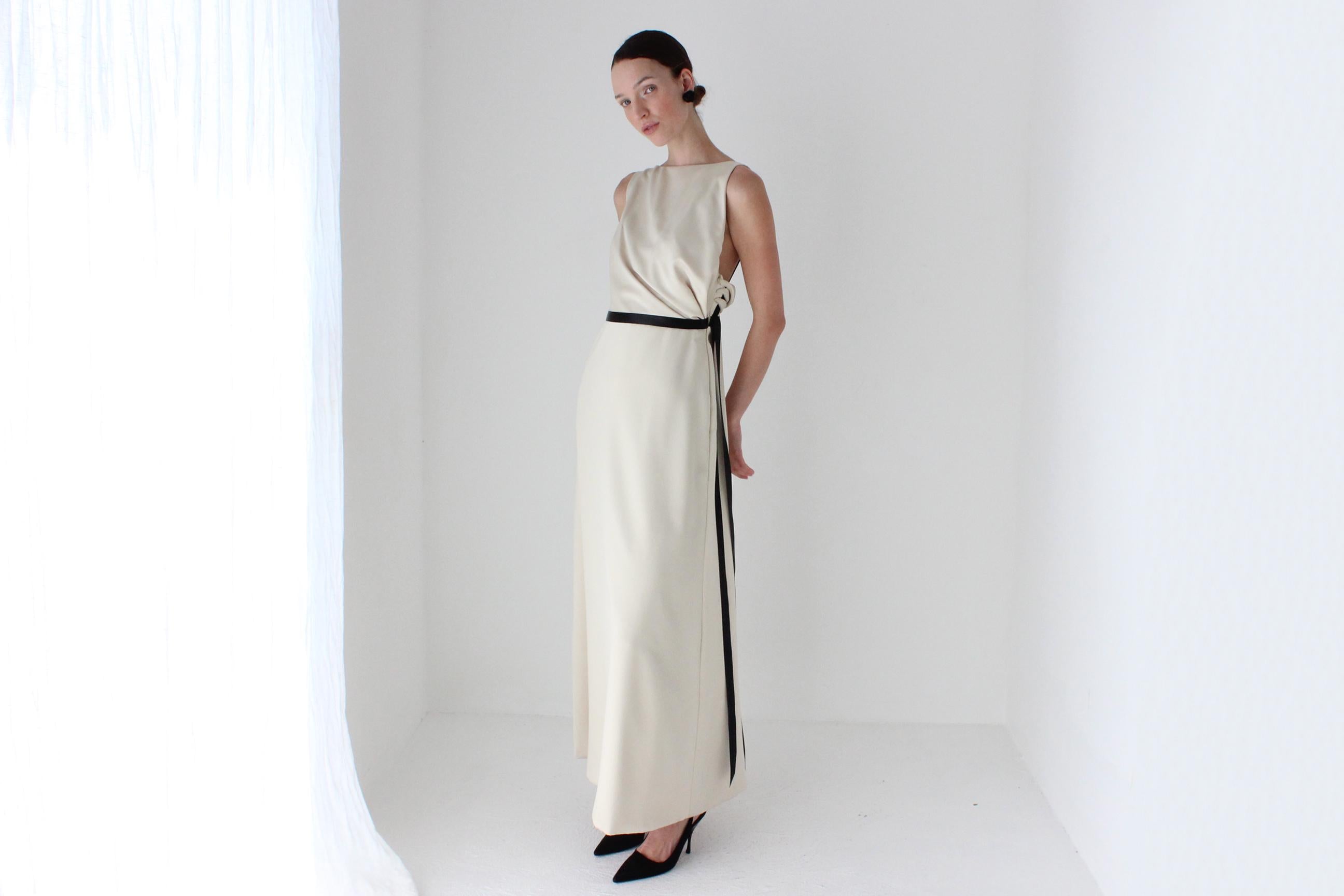 2000s LAZARO Chic Neutral Bateau Neck Column Gown w/ Asymmetric Draped Back