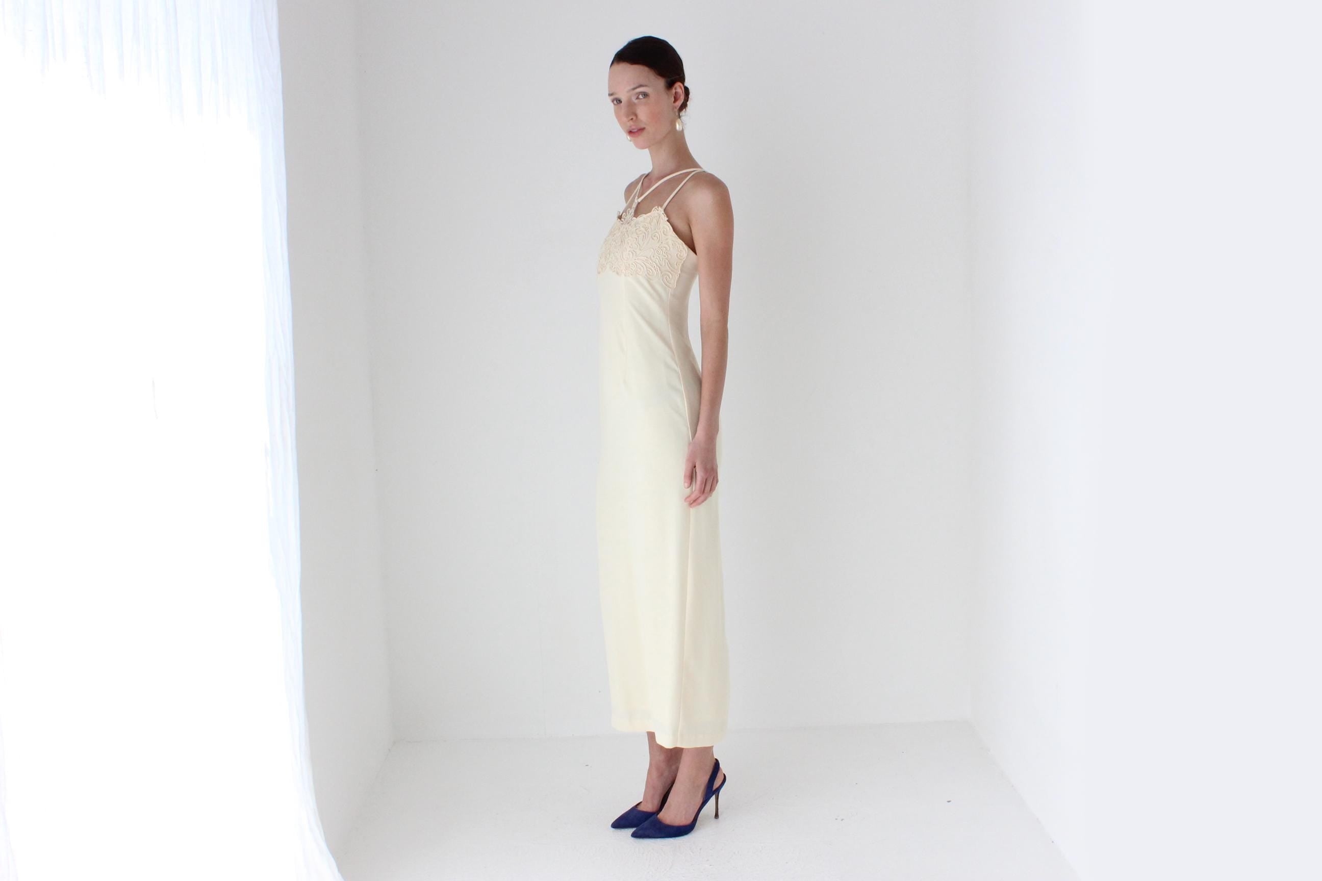 90s Mr K Embroidered Halter Column Gown