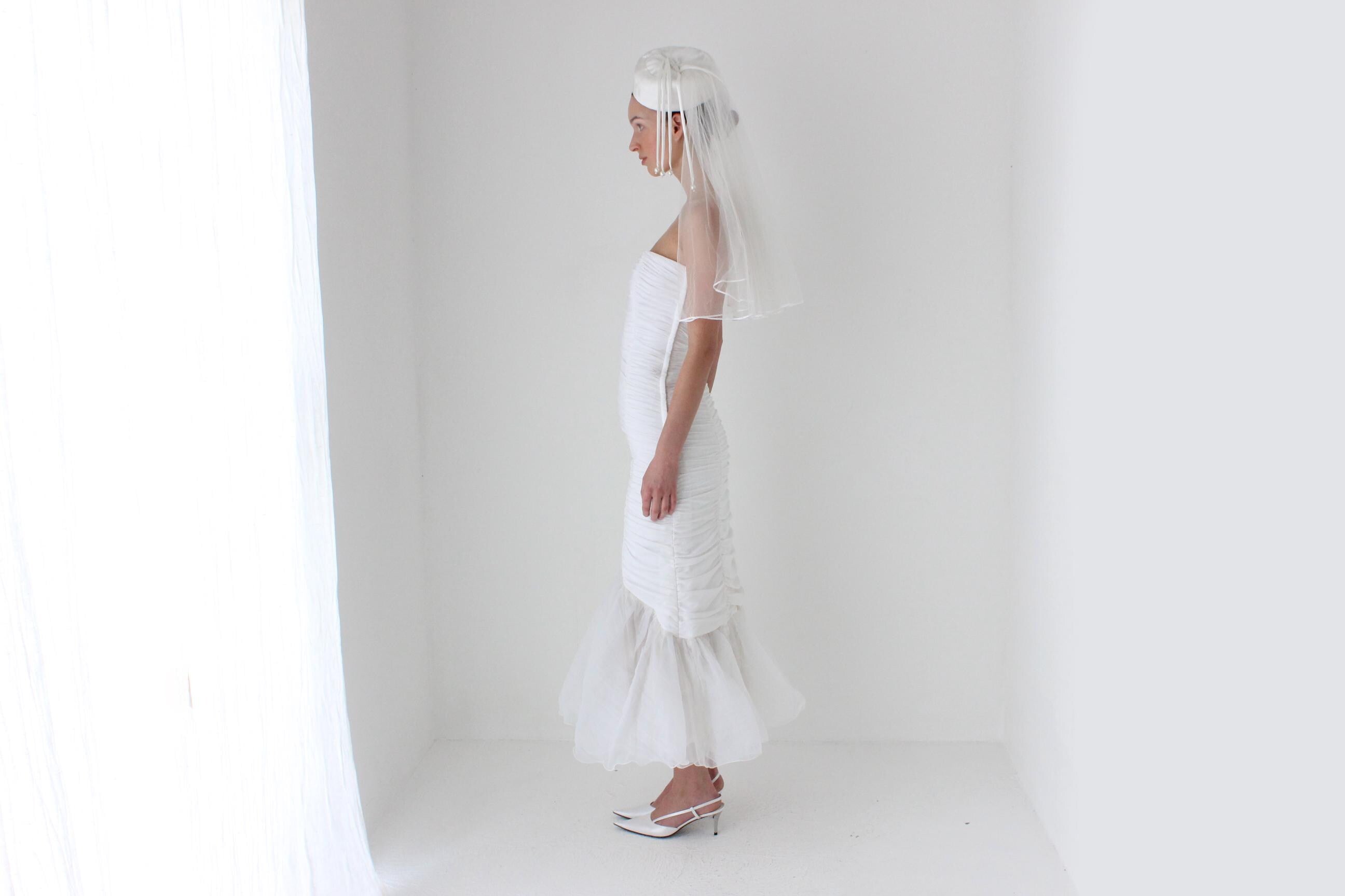 80s Satin Pillbox Bridal Hat w/ Veil