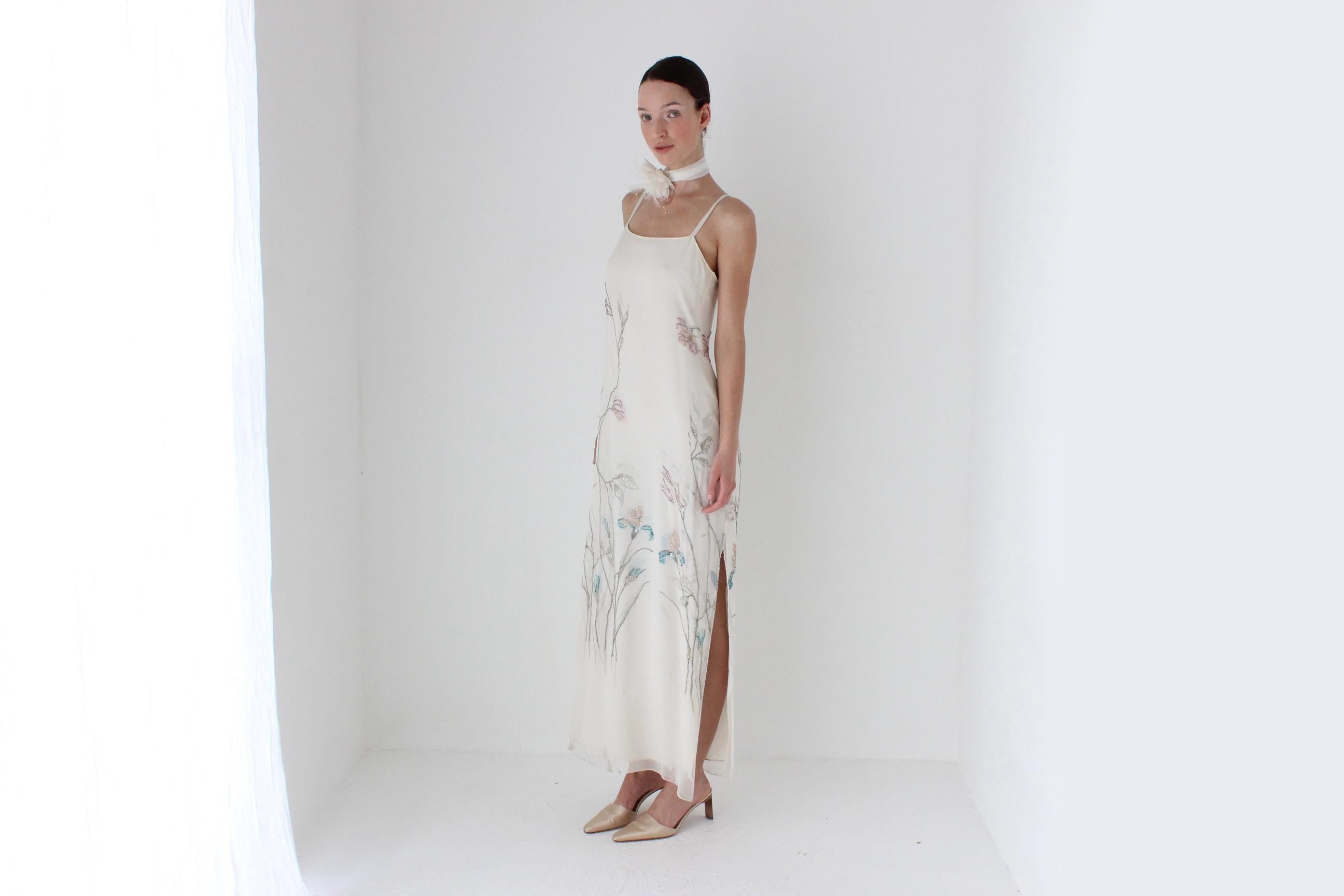 90s Pure Silk Painterly Floral Wearable Art Slip