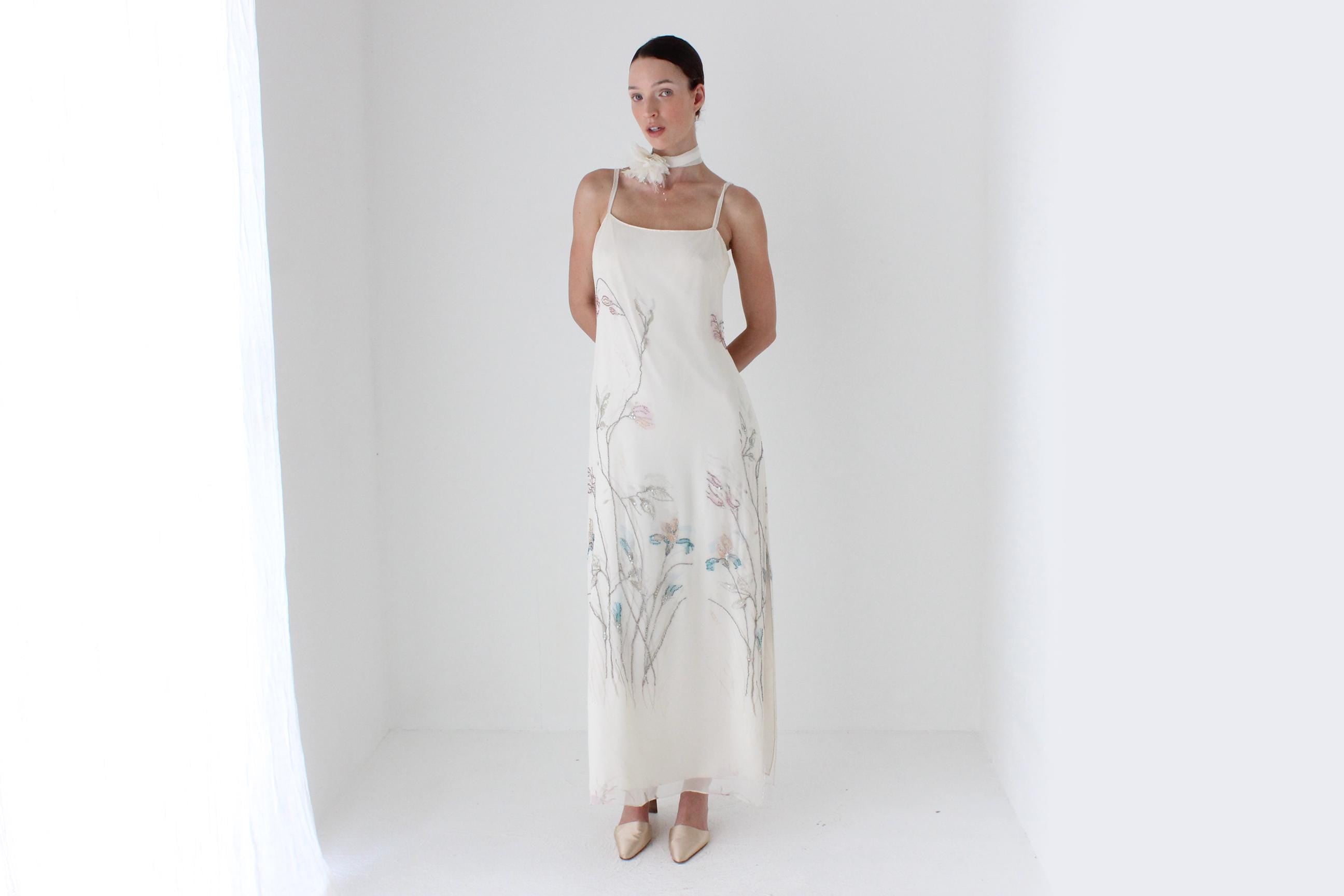 90s Pure Silk Painterly Floral Wearable Art Slip