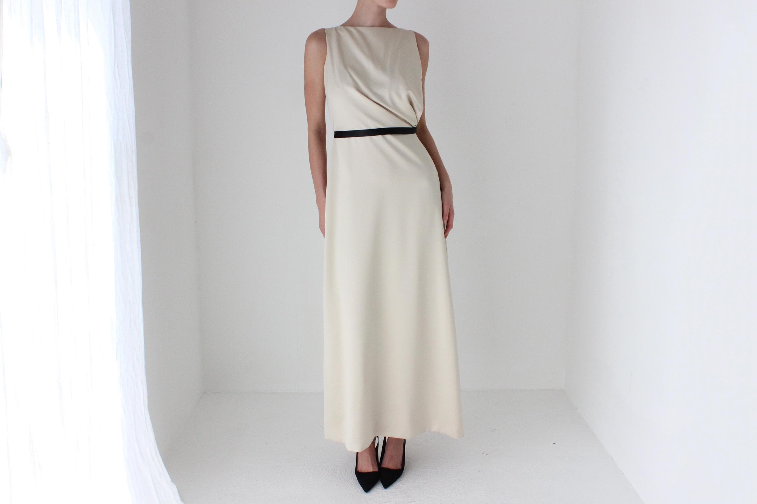 2000s LAZARO Chic Neutral Bateau Neck Column Gown w/ Asymmetric Draped Back