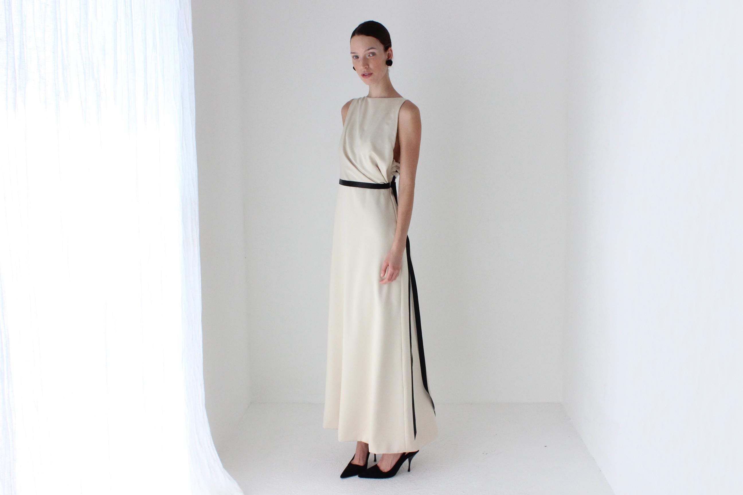 2000s LAZARO Chic Neutral Bateau Neck Column Gown w/ Asymmetric Draped Back