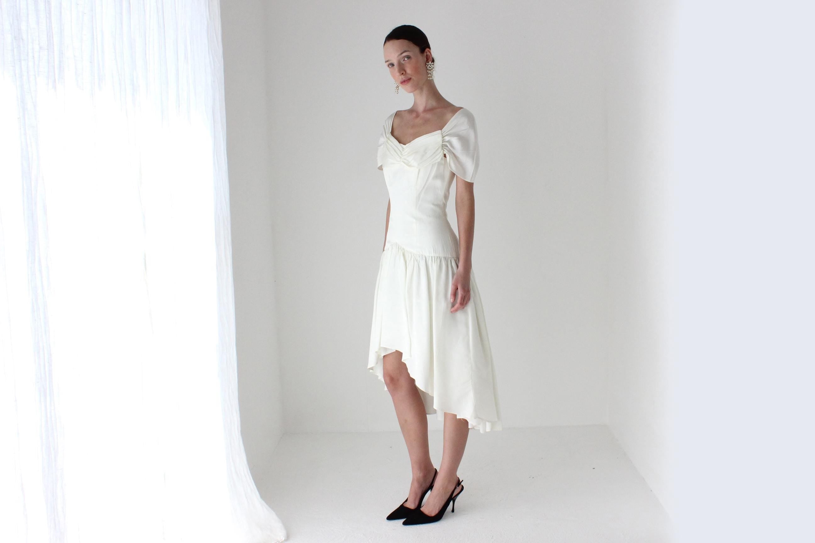 80s French Vintage Taffeta Drop Waist Party Dress