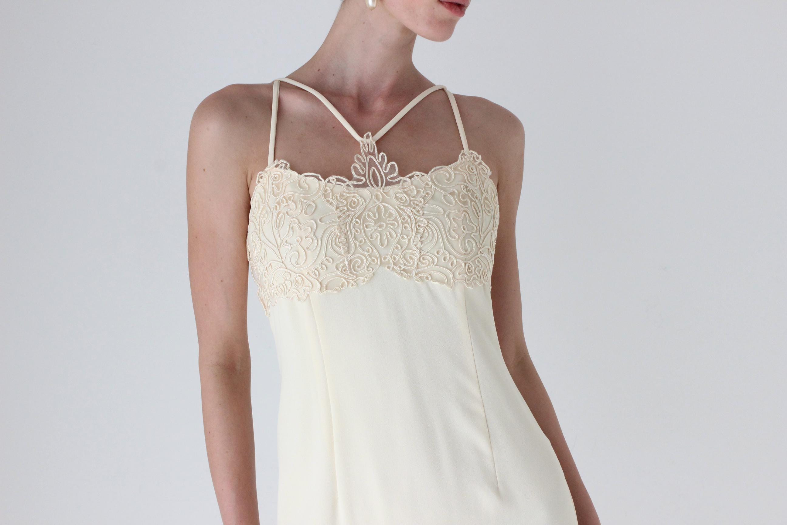 90s Mr K Embroidered Halter Column Gown