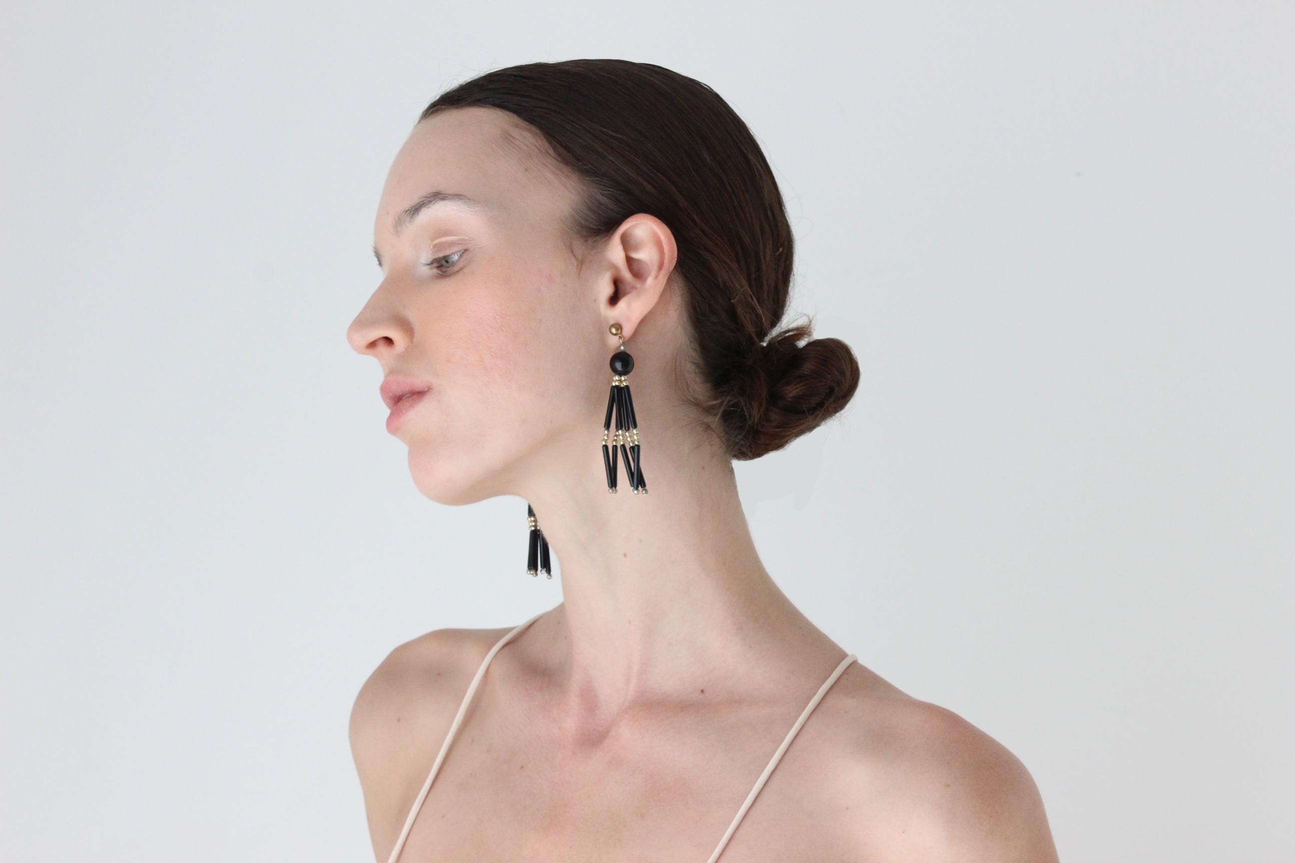 80s Art Deco Beaded Tassel Earrings
