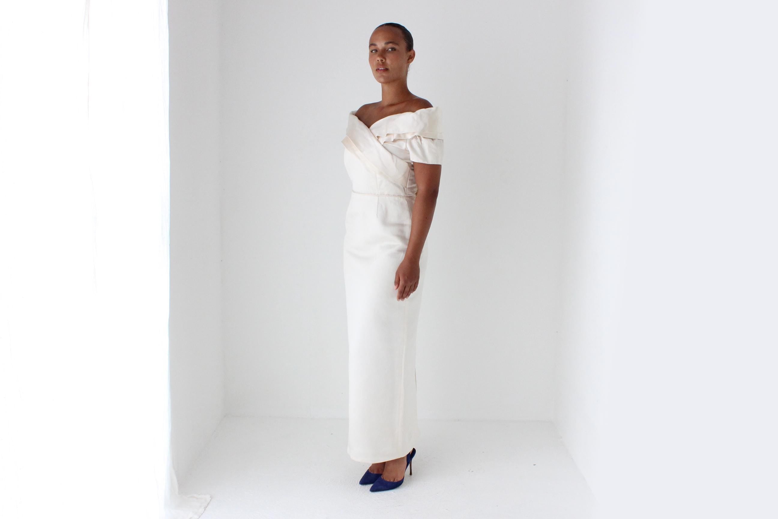 1990s Duchess Silk Off Shoulder Hourglass Gown w/ Back Bow + Detachable Train