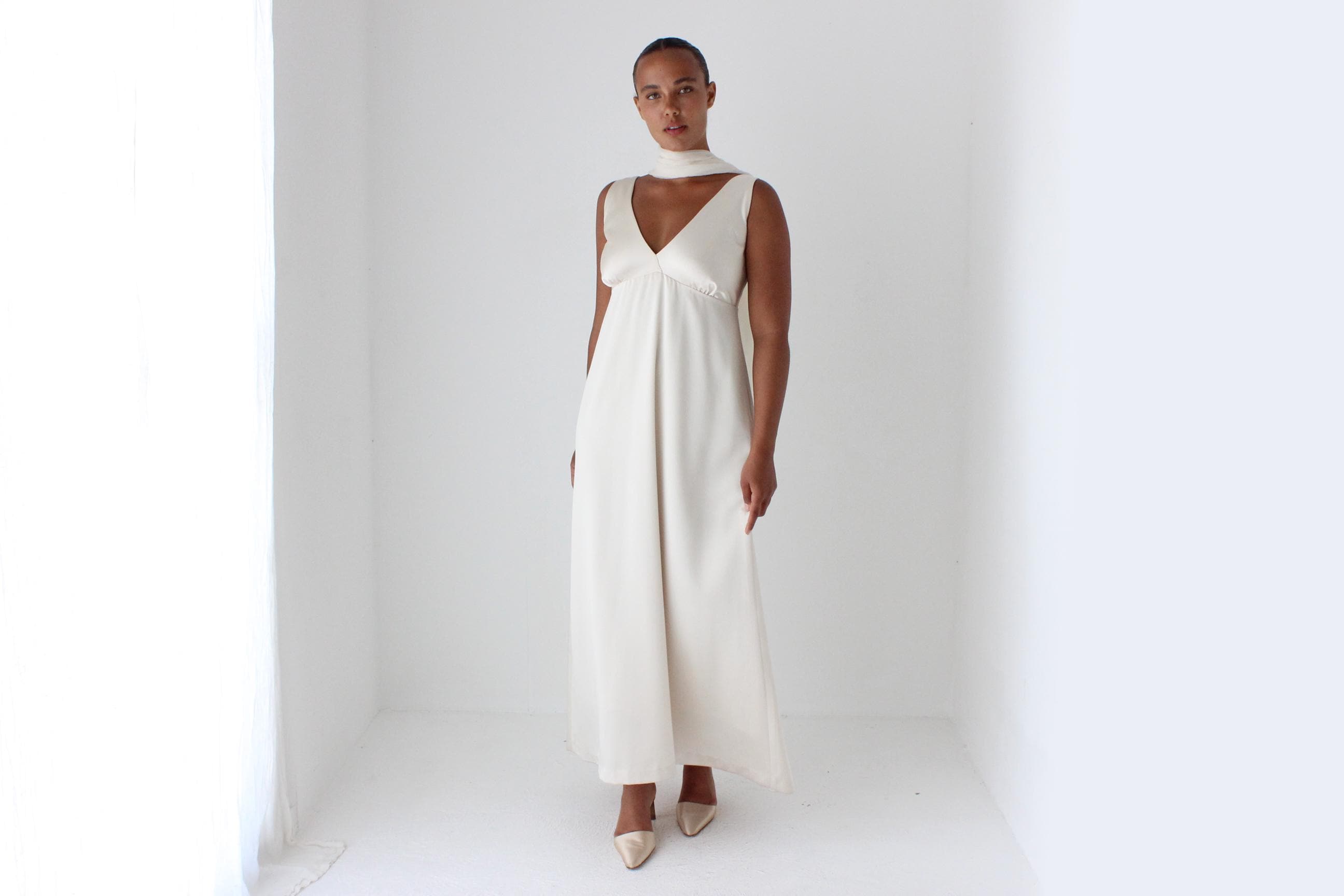 90s Neutral Satin Plunge Neck Empire Waist Gown
