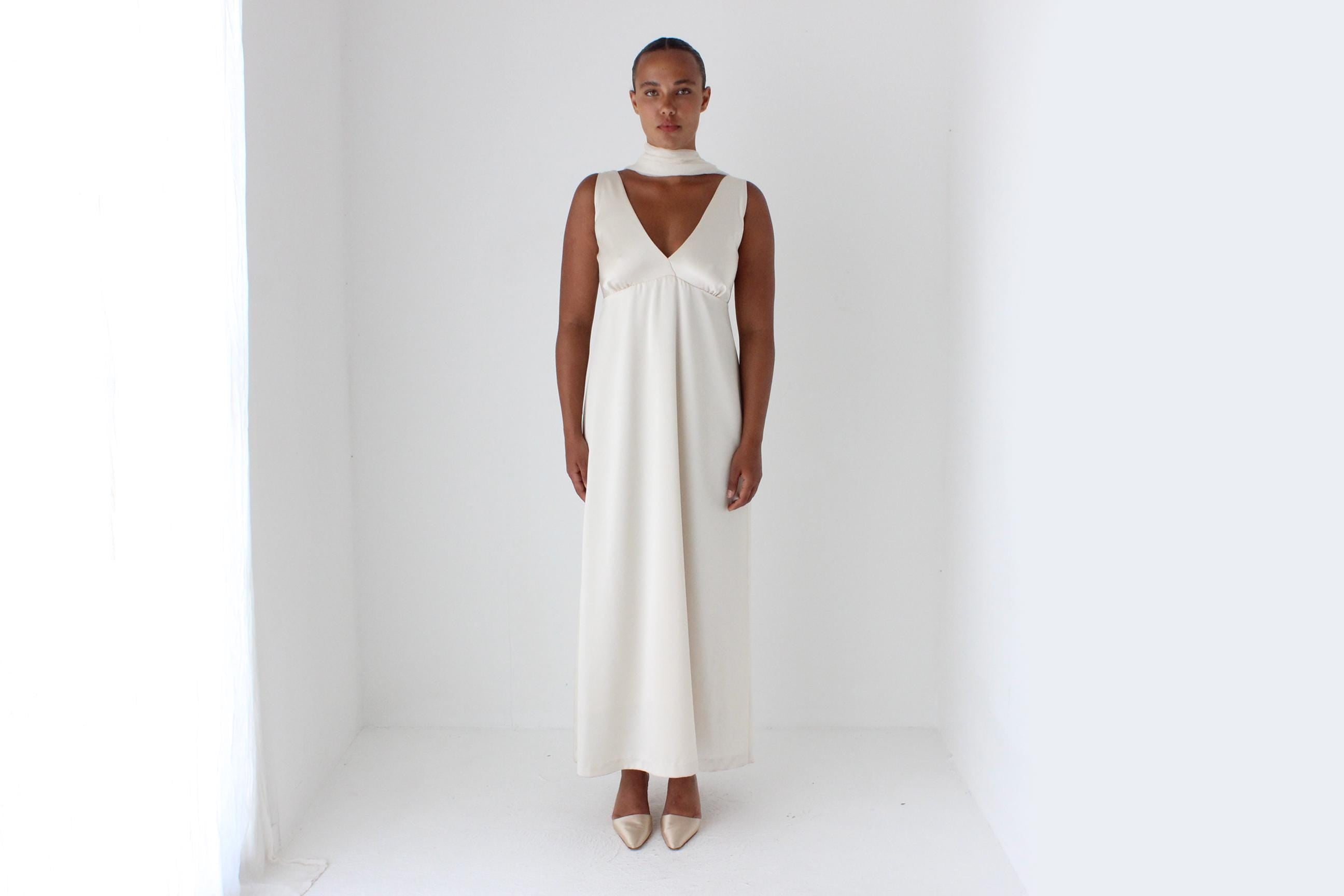 90s Neutral Satin Plunge Neck Empire Waist Gown