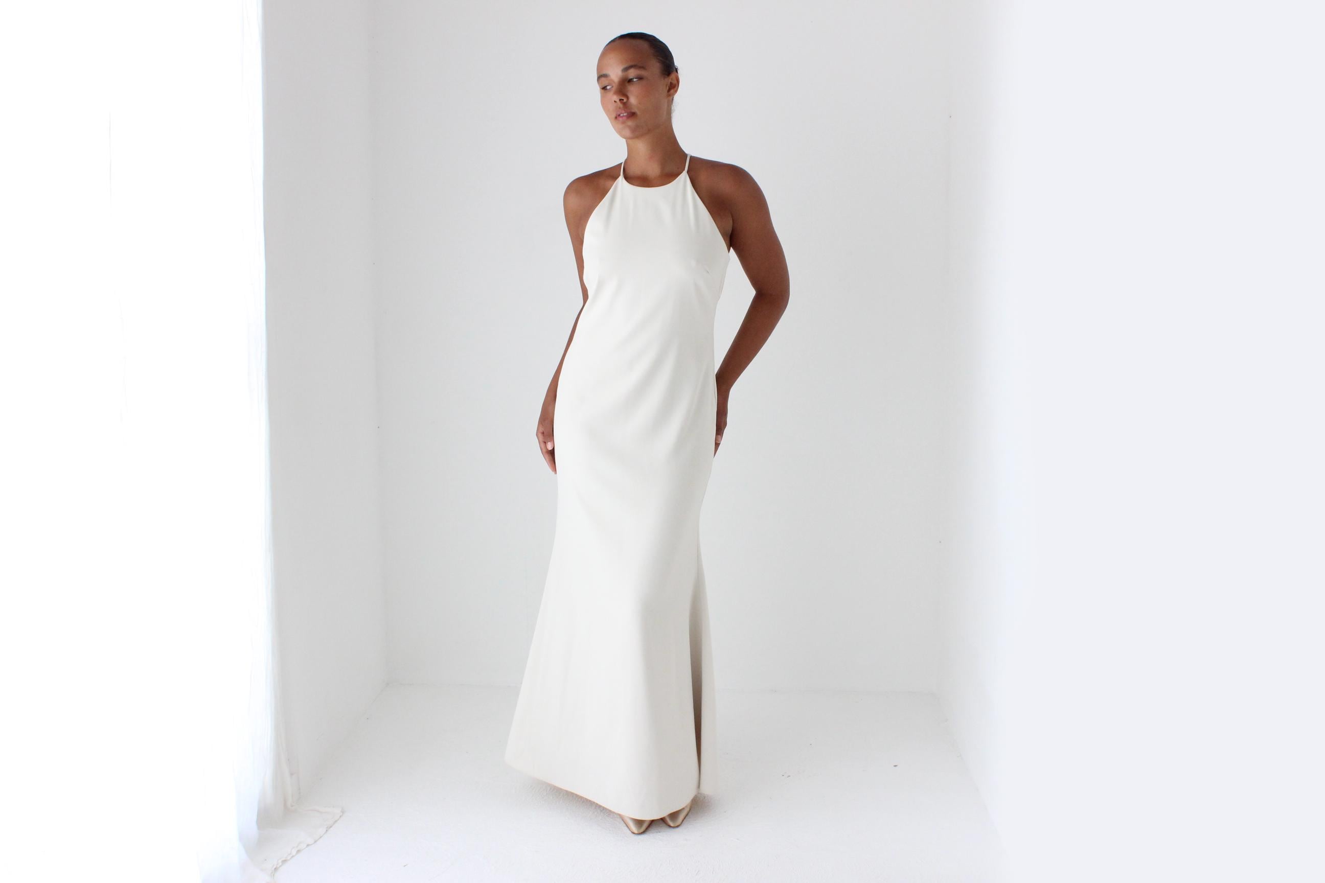 90s High Neck Neutral Crepe Gown