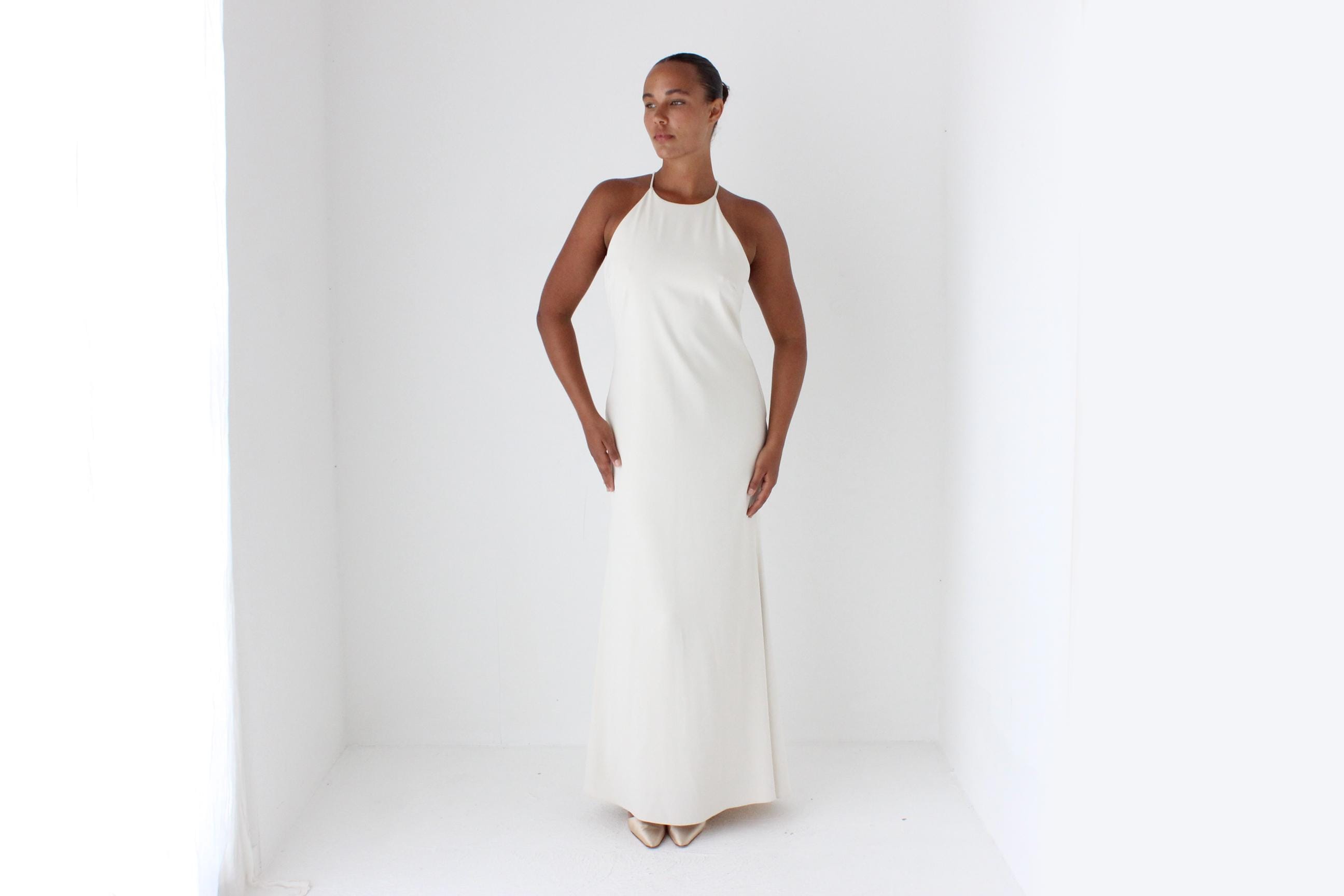 90s High Neck Neutral Crepe Gown