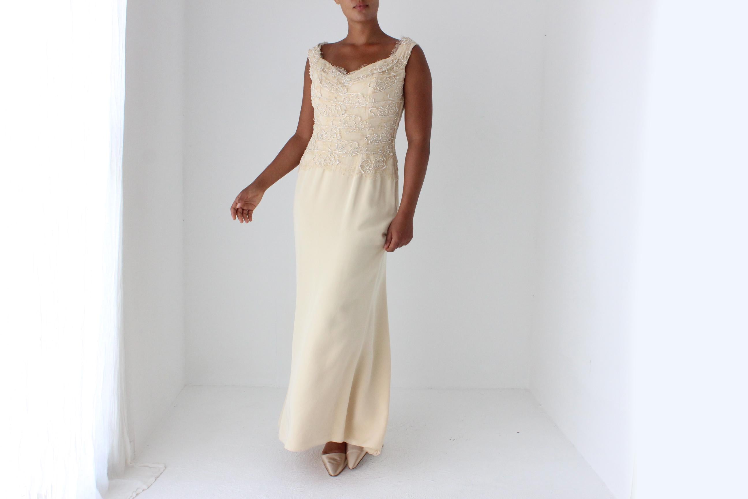 1990s LIANCARLO COUTURE Beaded Lace Buttercream Gown