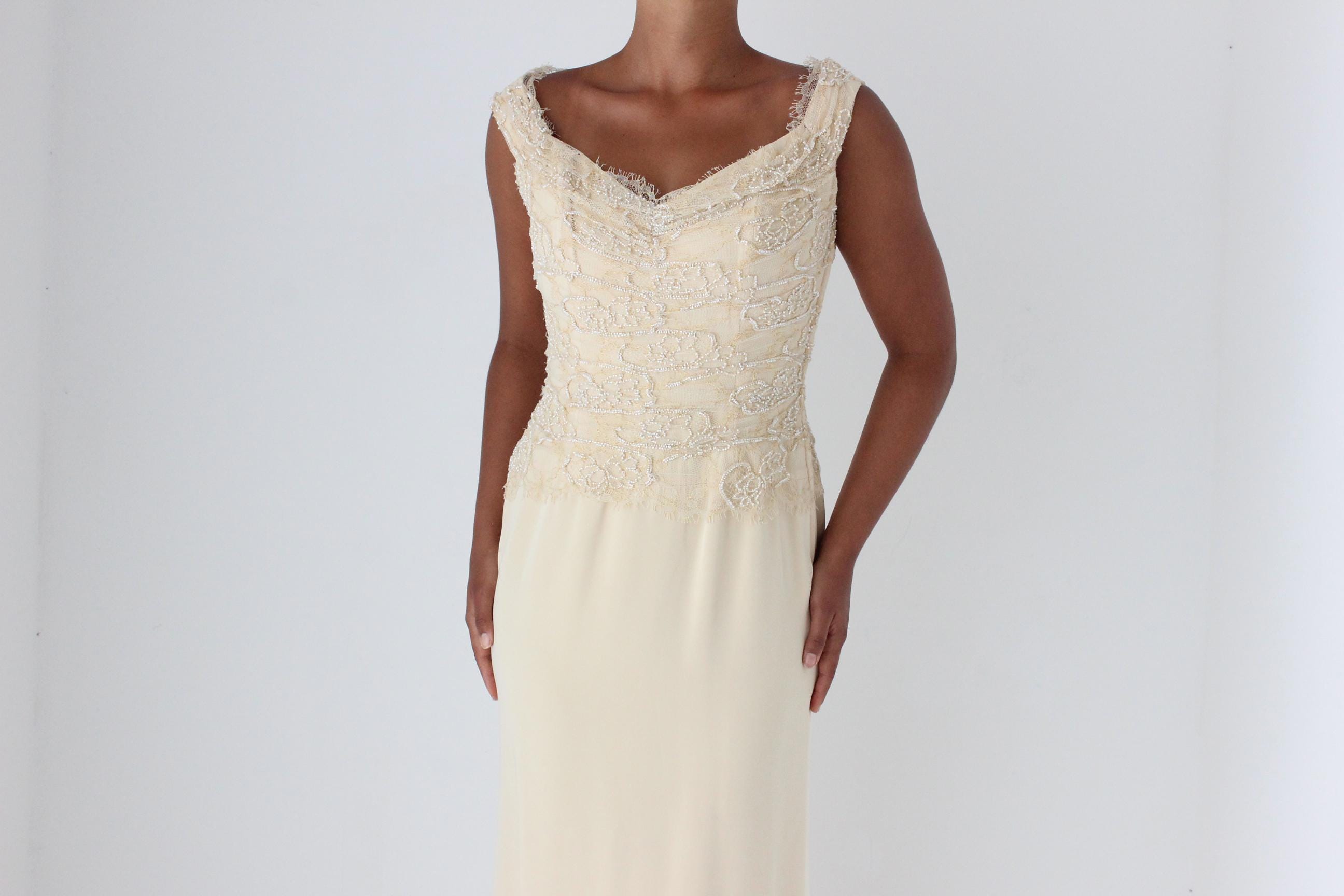 1990s LIANCARLO COUTURE Beaded Lace Buttercream Gown