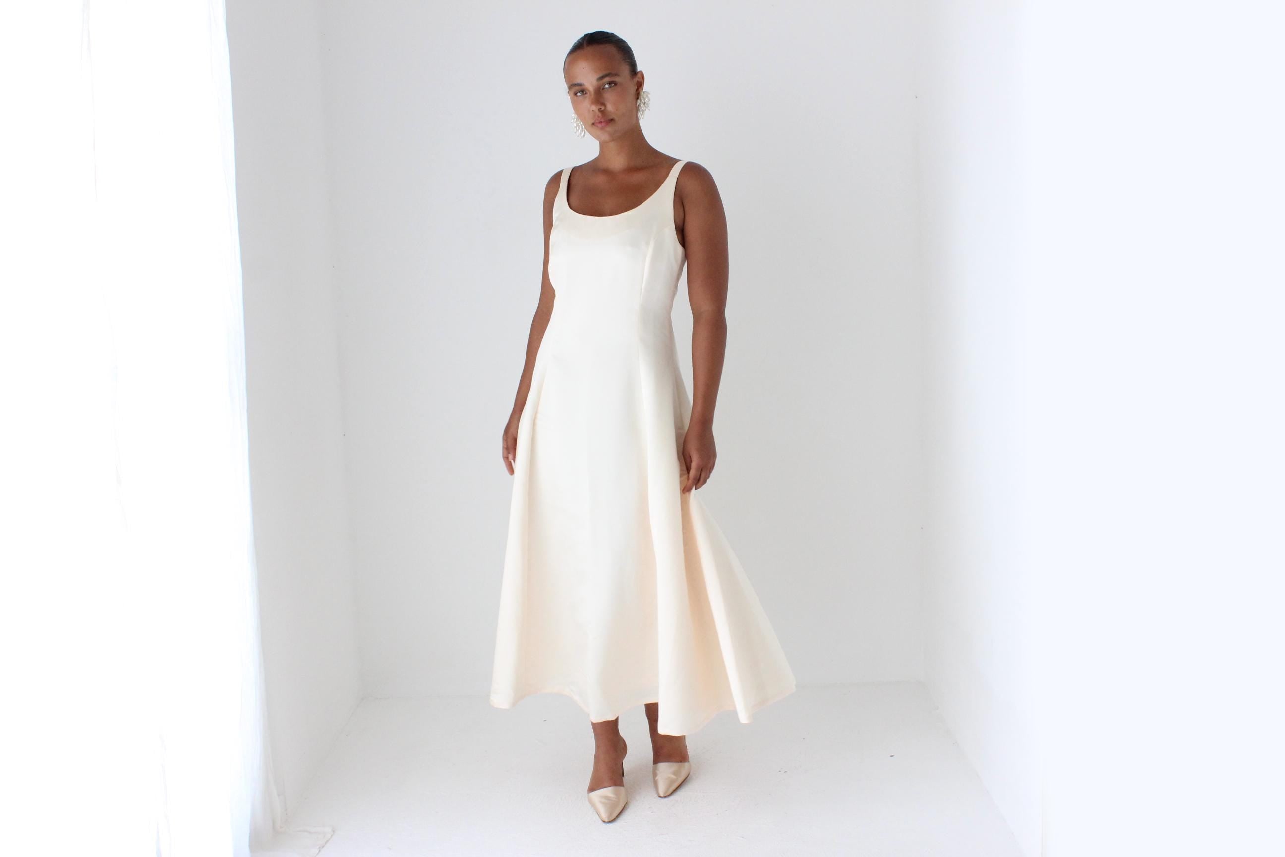 90s Minimal Duchess Satin Scoop Neck Vintage Cocktail Gown