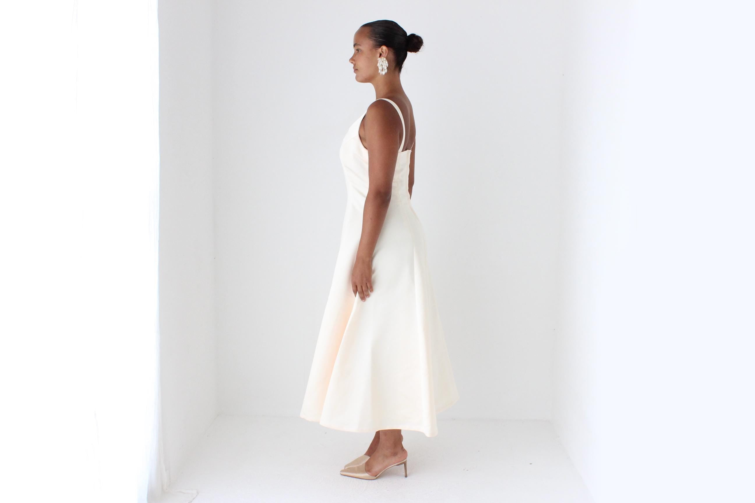 90s Minimal Duchess Satin Scoop Neck Vintage Cocktail Gown