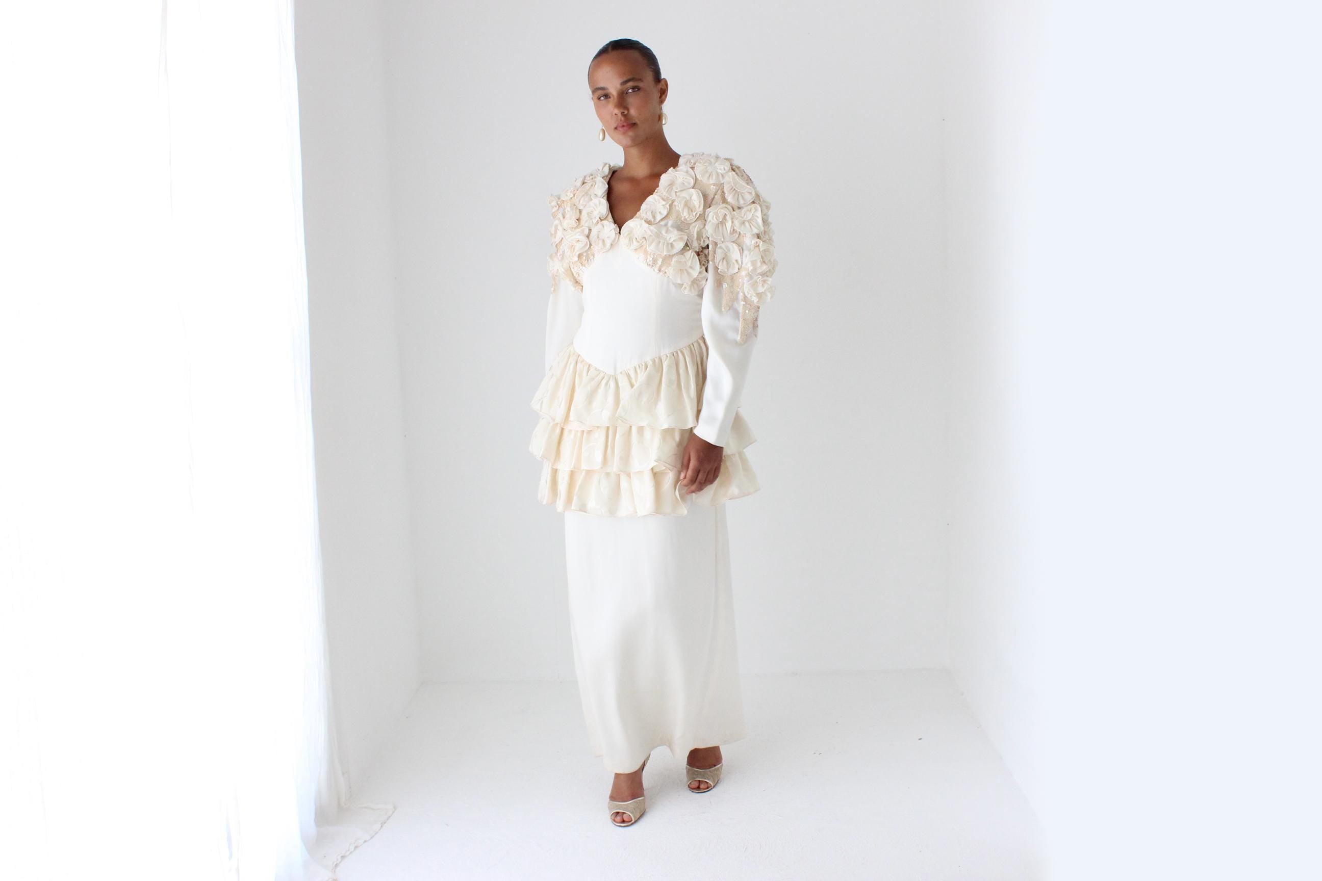 Fabulous 80s Silk Ruffle, Rosette & Sequin Dress