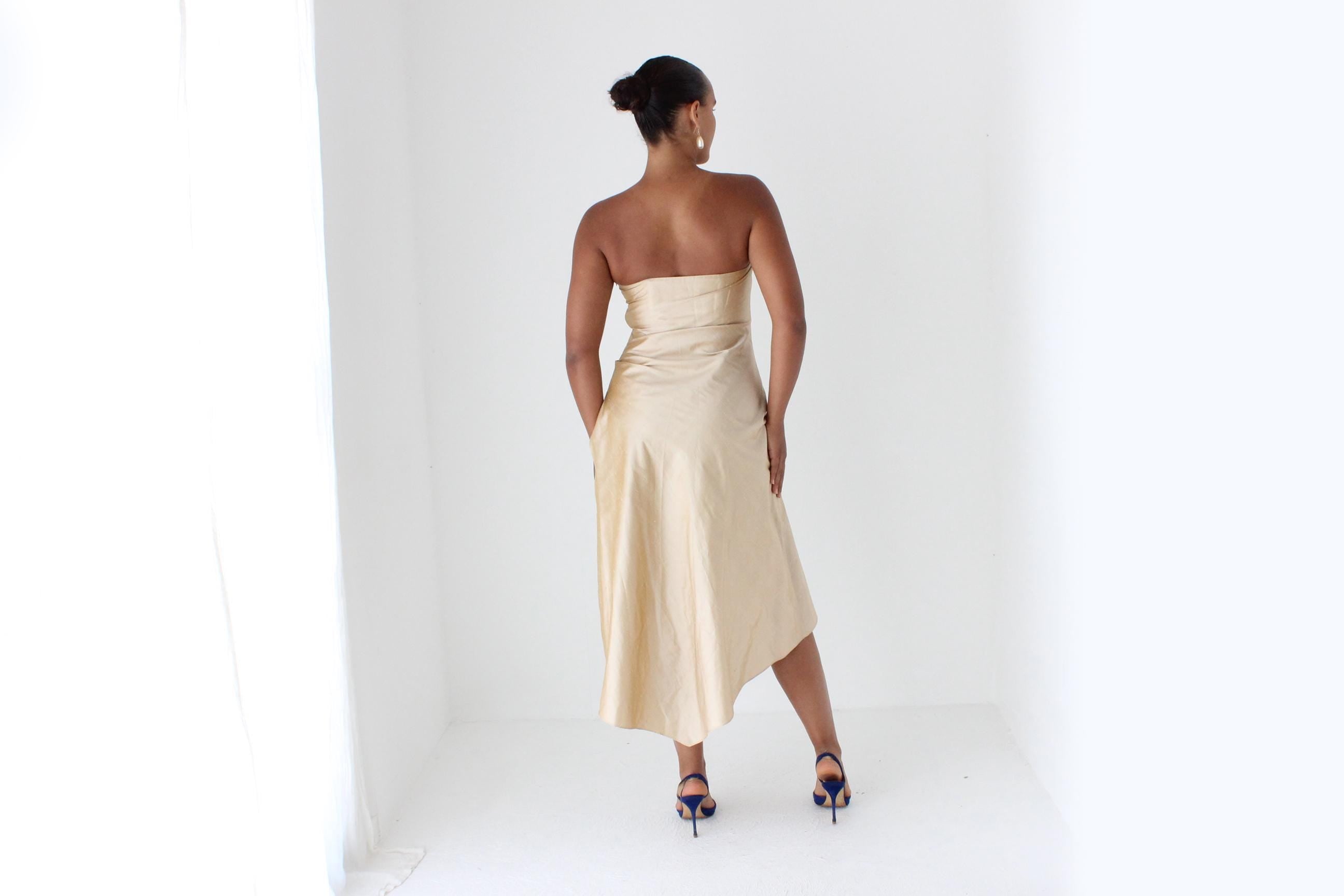 90s George Raw Silk Strapless Cocktail Dress w/ 'Train'